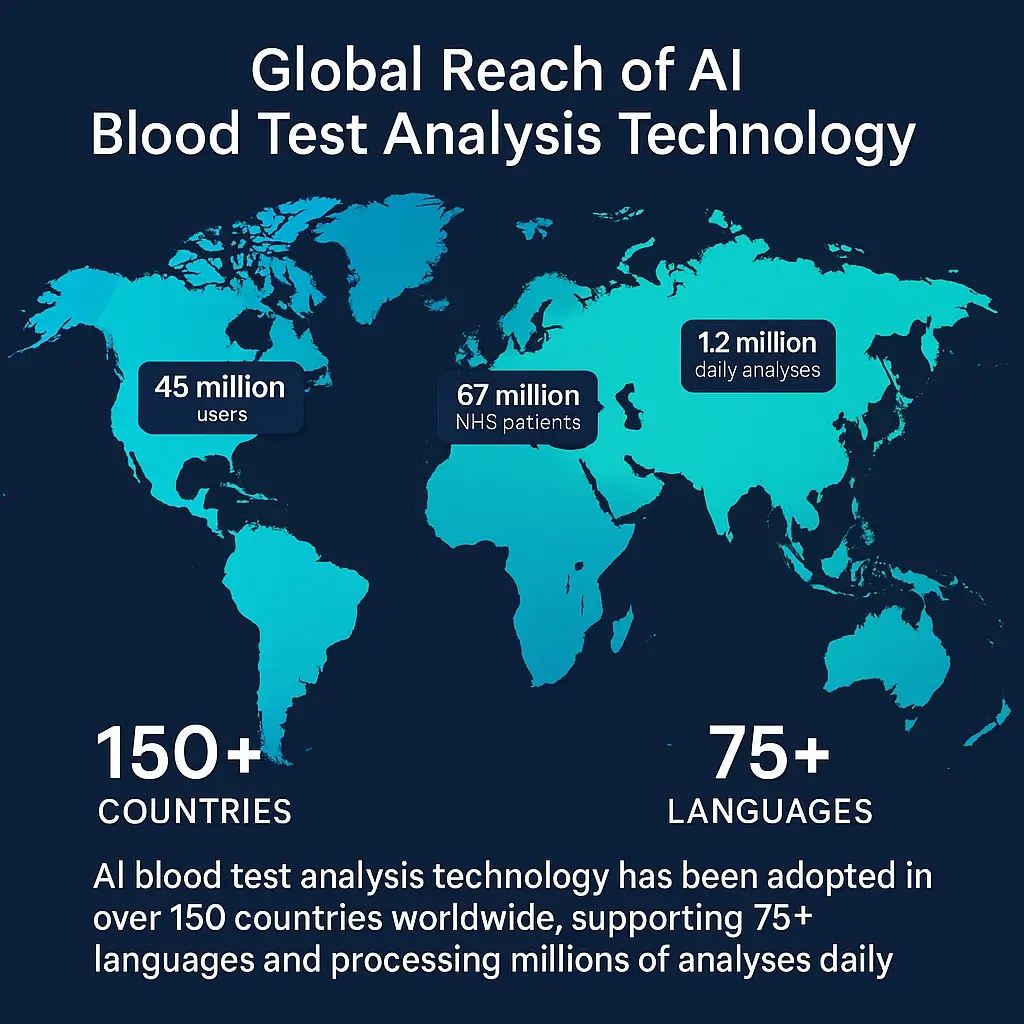 Глабальная карта, якая паказвае ўкараненне аналізу крыві з дапамогай штучнага інтэлекту ў 150 краінах