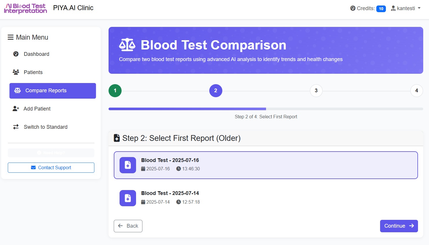PIYA.AI hatua ya 2 kiolesura inayoonyesha uteuzi wa ripoti ya kwanza ya msingi ya mtihani wa damu kwa kulinganisha