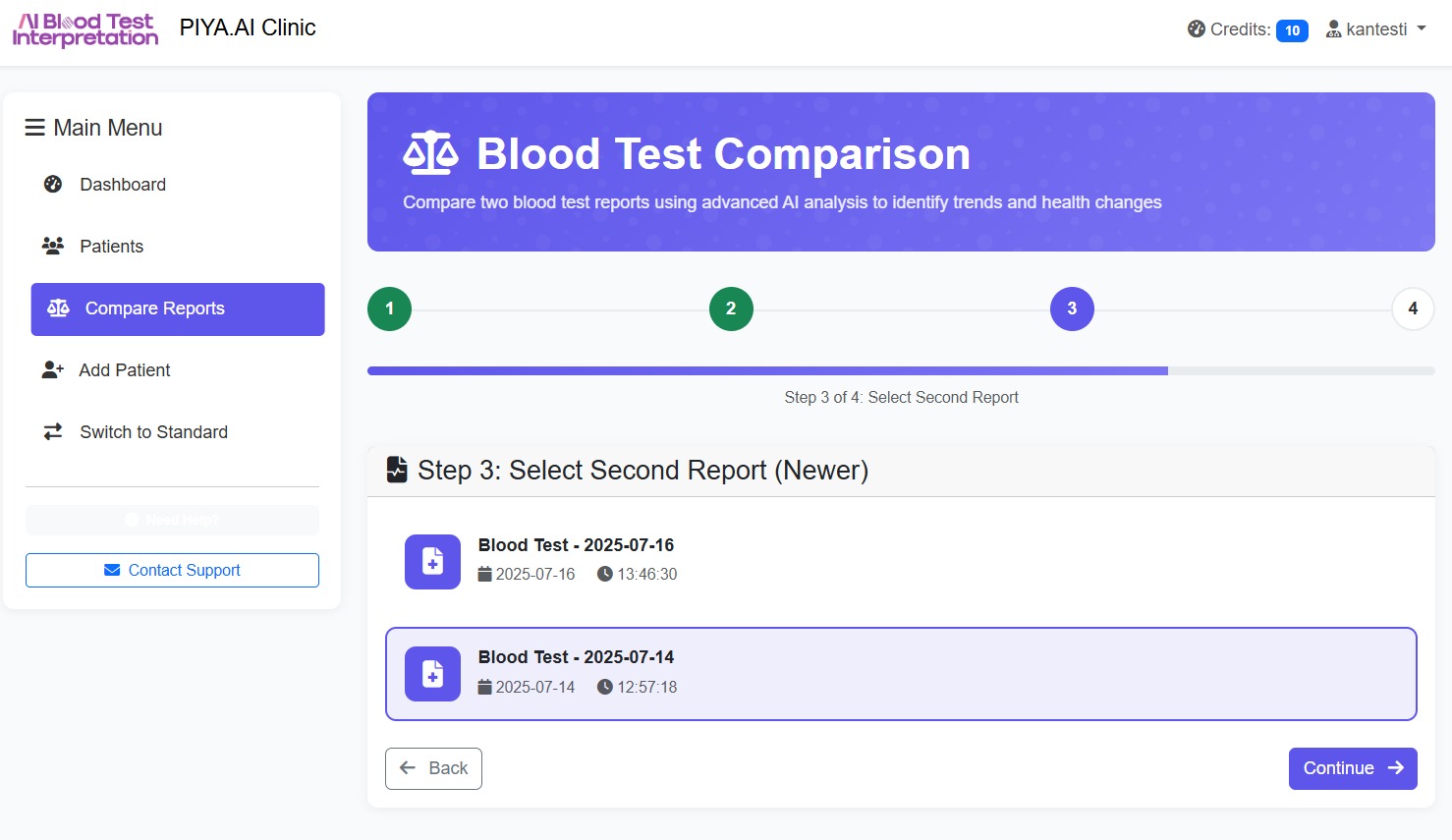 Kiolesura cha kliniki ya PIYA.AI kinachoonyesha hatua ya 3 ya mchakato wa ulinganishaji wa kipimo cha damu kwa uteuzi wa ripoti ya pili