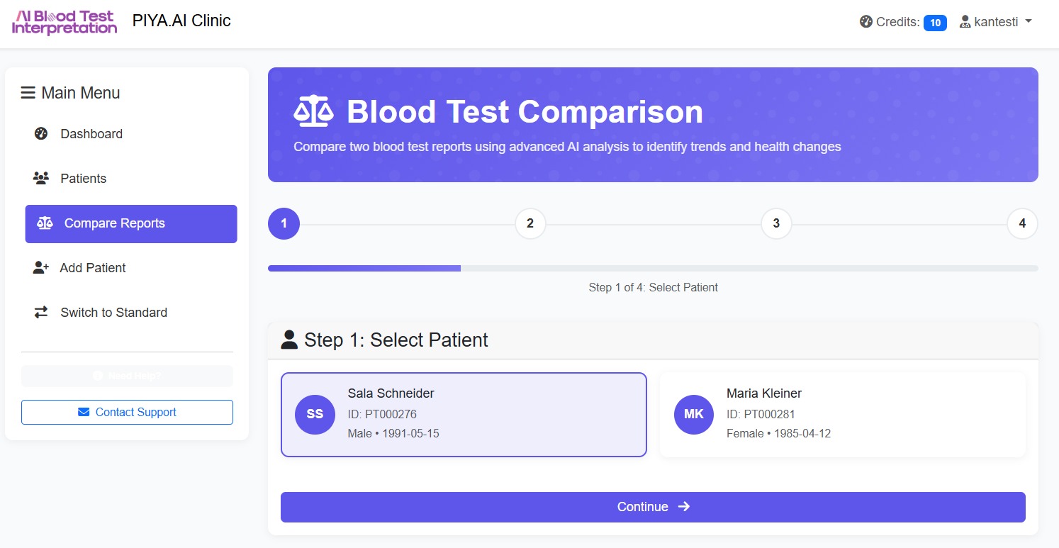 Kiolesura cha kuchagua mgonjwa cha PIYA.AI kinachoonyesha maelezo mafupi mawili ya mgonjwa kwa ajili ya ulinganisho wa kipimo cha damu