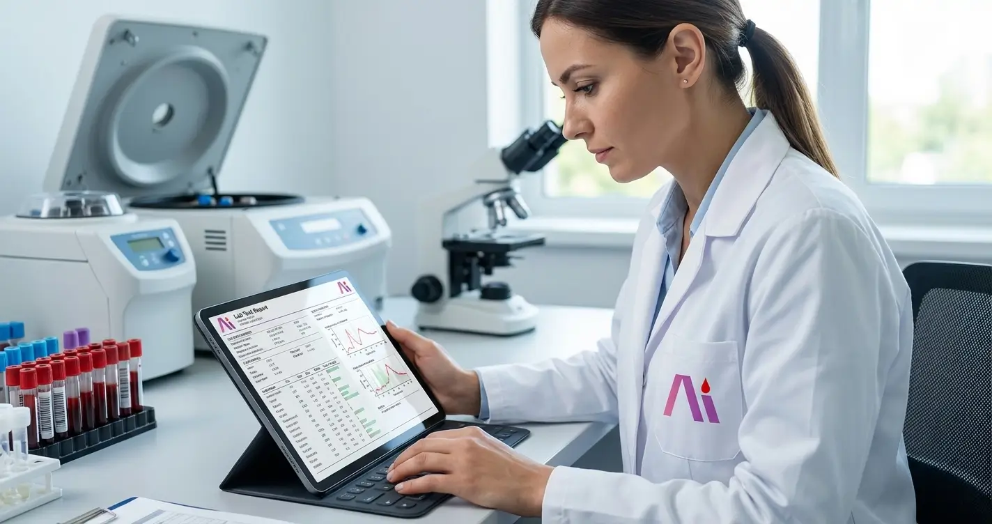 Profesionist din domeniul sănătății verifică rezultatele analizelor de sânge pe o tabletă, cu echipament de laborator în fundal
