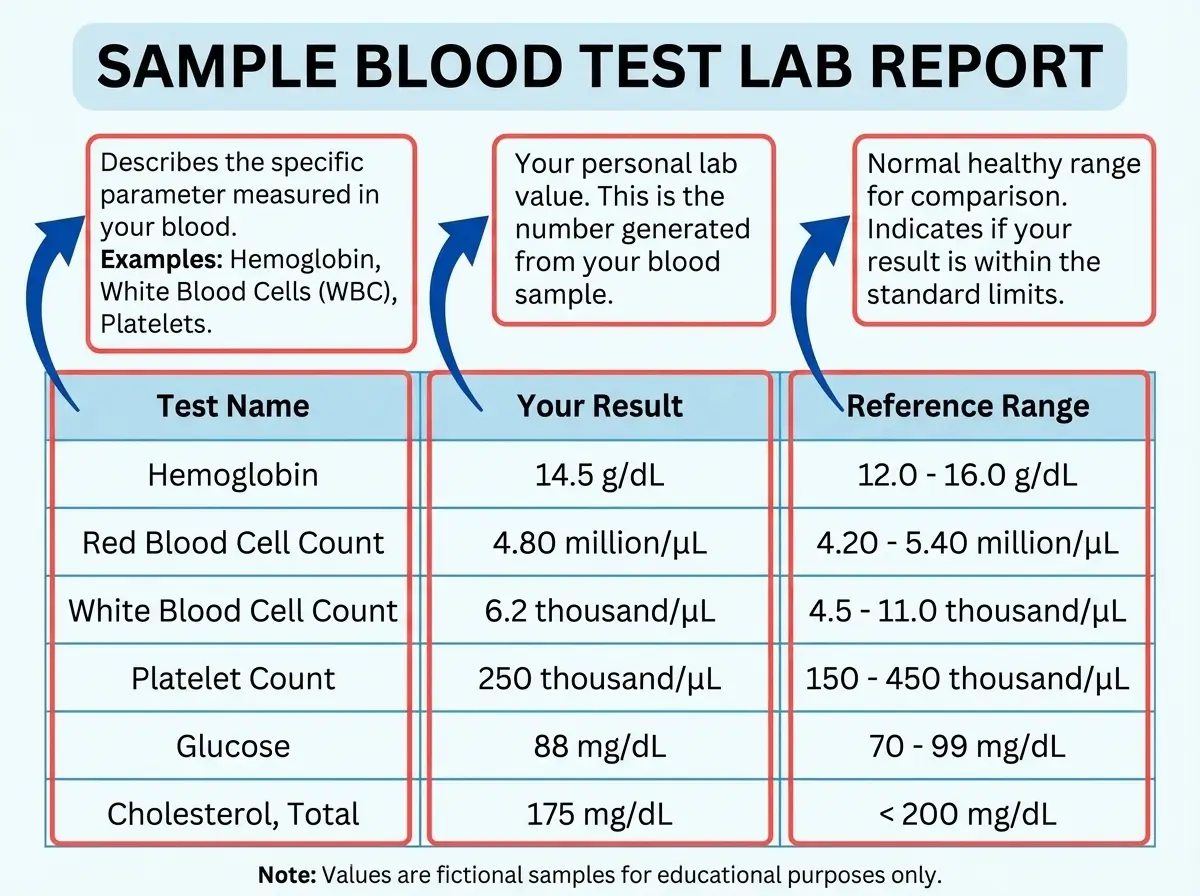 Annotated sample blood test lab report nga nagpakita sa test name, resulta value, ug reference range columns
