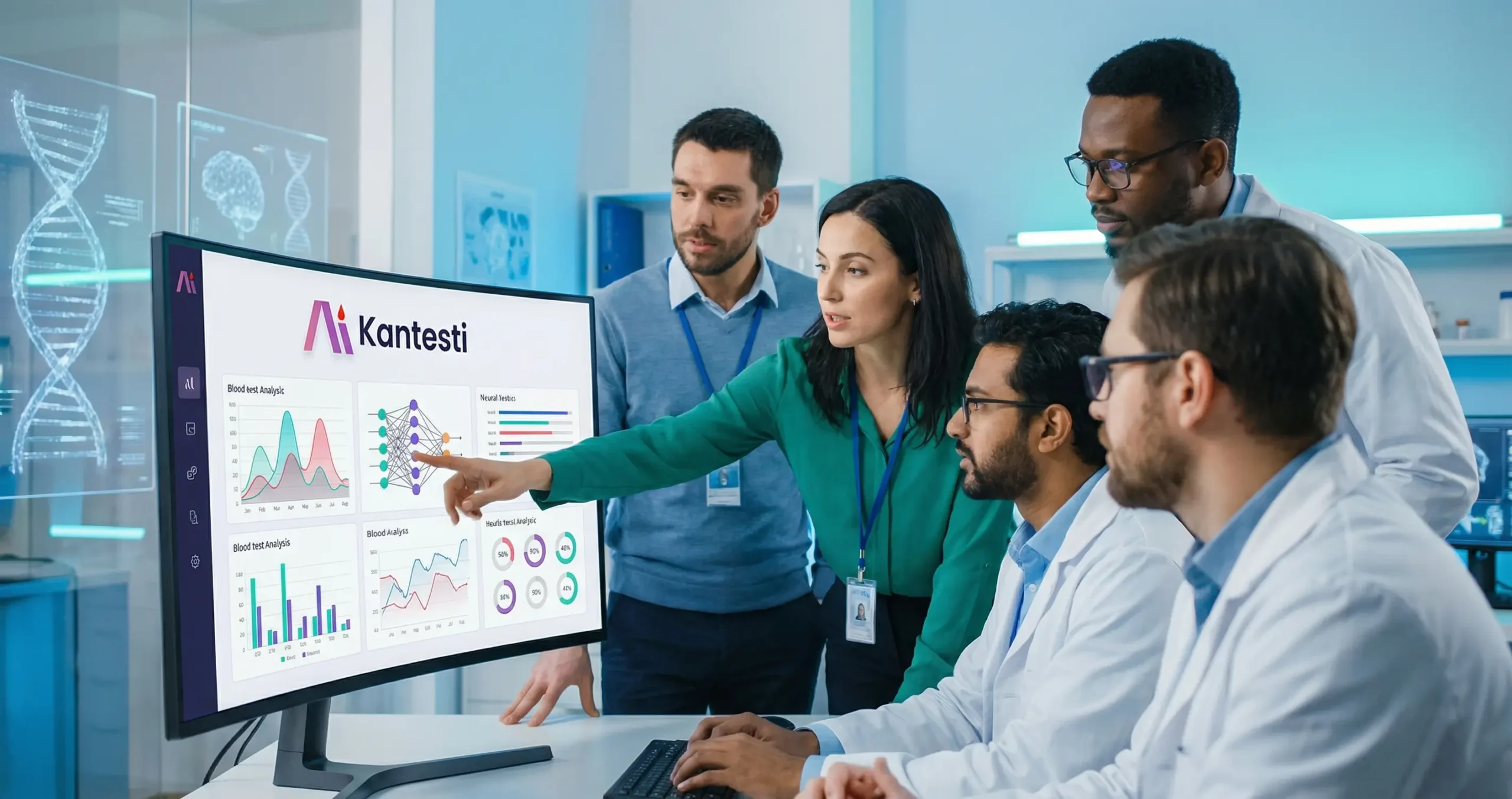 Zespół ds. analizy testów krwi Kantesti AI pracuje nad zaawansowaną technologią sztucznej inteligencji medycznej w nowoczesnym laboratorium opieki zdrowotnej z wizualizacjami sieci neuronowych