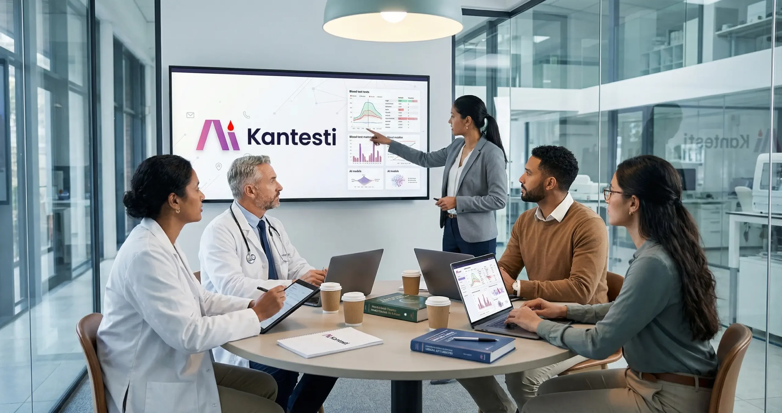 Kantesti 的医学博士和人工智能工程师在现代会议室合作开发和验证人工智能血液检测分析算法。