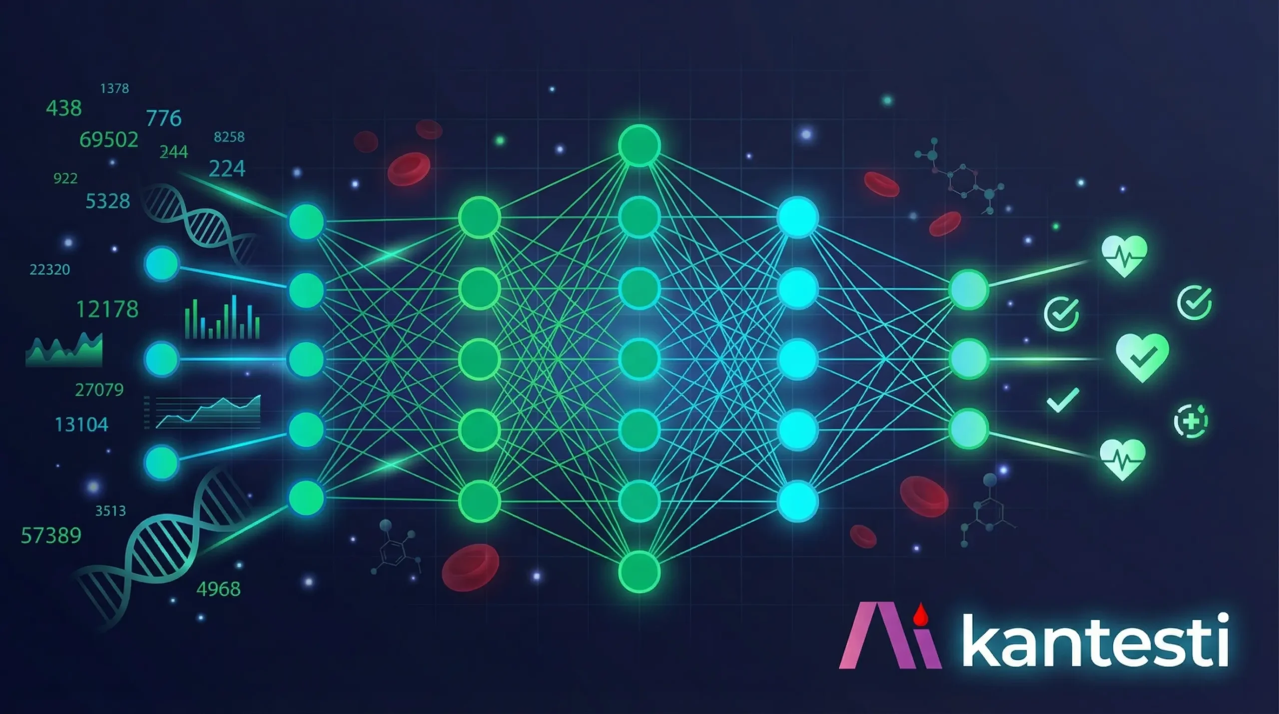 Analizator de sânge cu inteligență artificială, vizualizare în rețea neuronală, care prezintă noduri interconectate care procesează date despre biomarkeri cu indicatori de recunoaștere a tiparelor de sănătate.