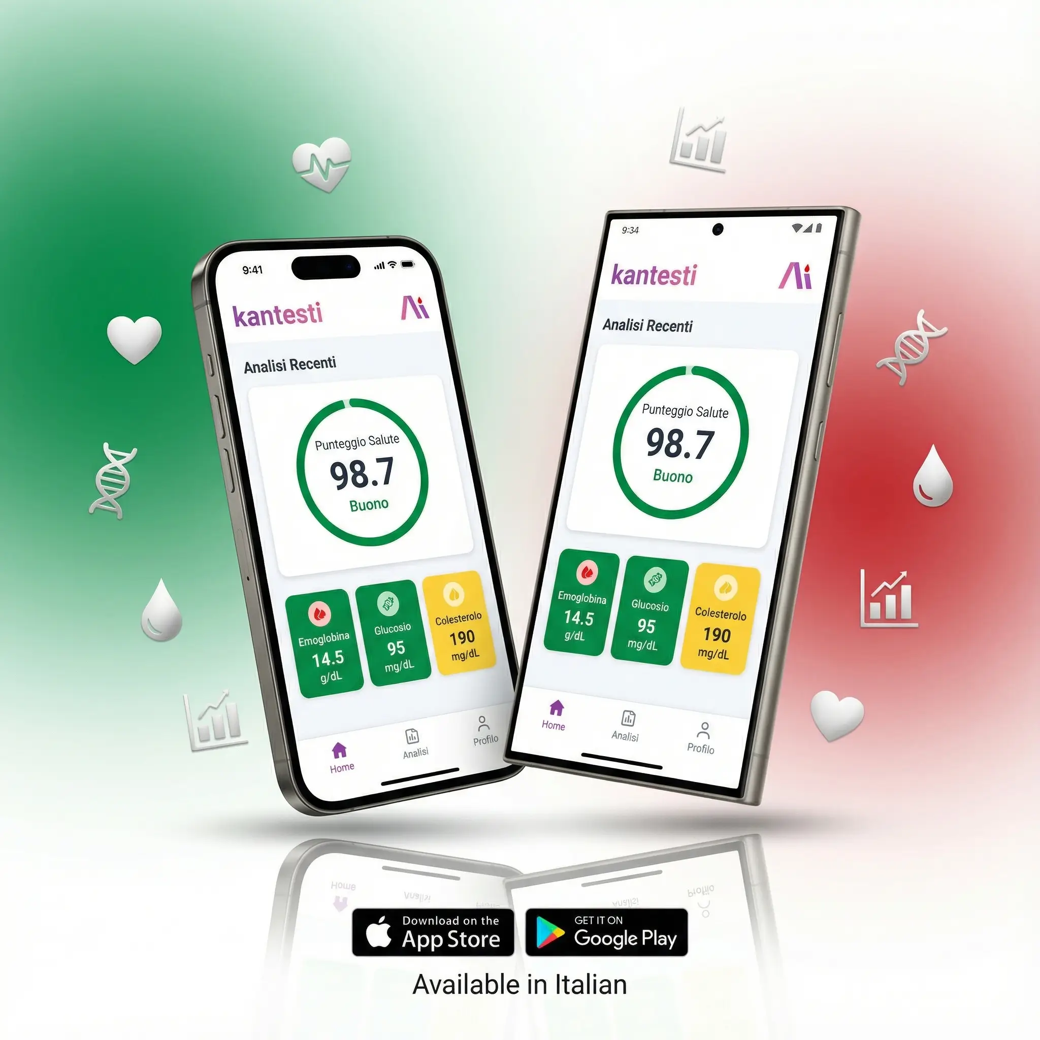 د وینې معایناتو لوستلو لپاره اپلیکیشن - په iOS او Android کې د کانټیسټي موبایل اپلیکیشن چې په ایټالوي ژبه کې د وینې تحلیل انٹرفیس ښیې