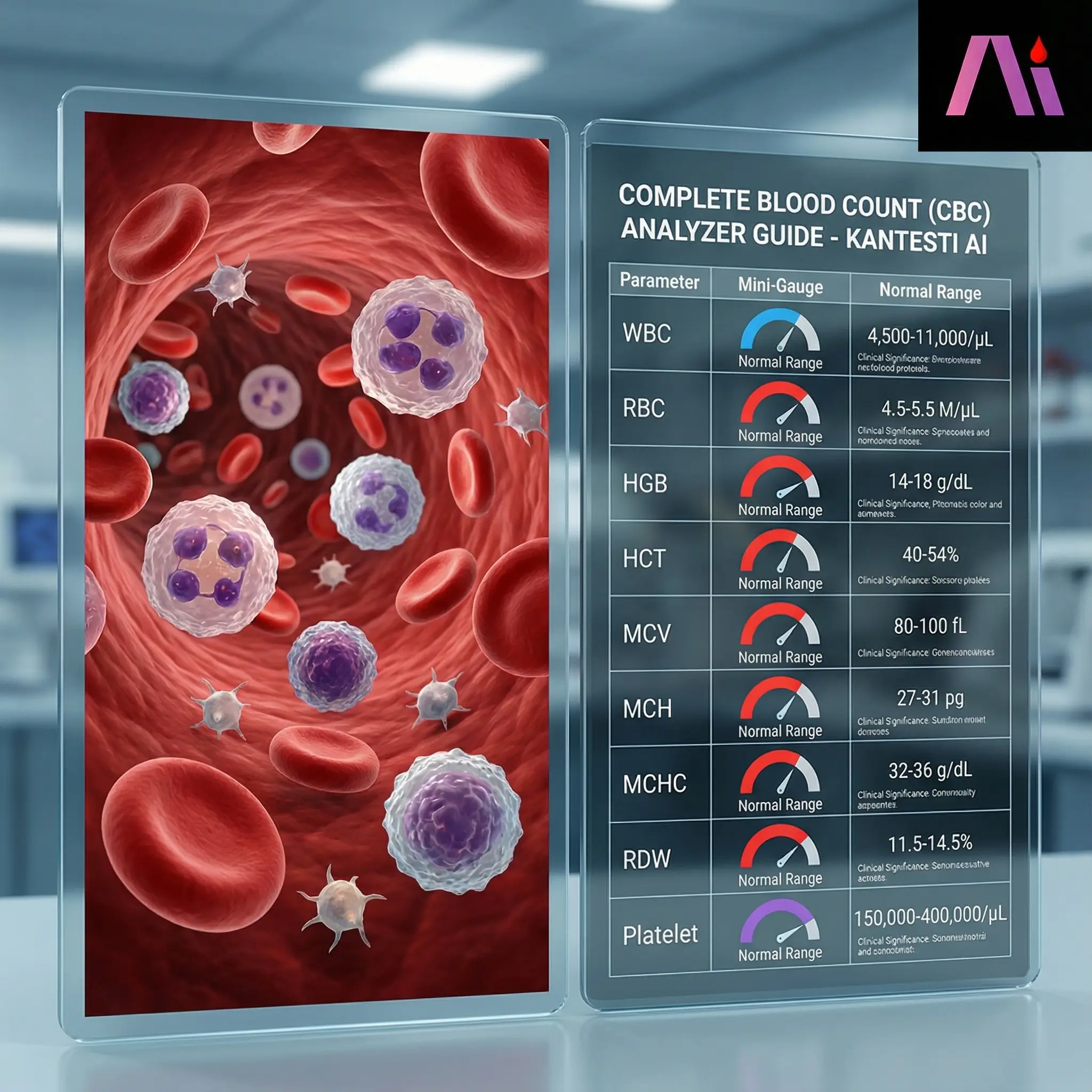 Sjónræn leiðarvísir um CBC þætti sem sýna WBC, RBC, hemoglobin, hematocrit og blóðflögu gildi með eðlilegum viðmiðunargildum