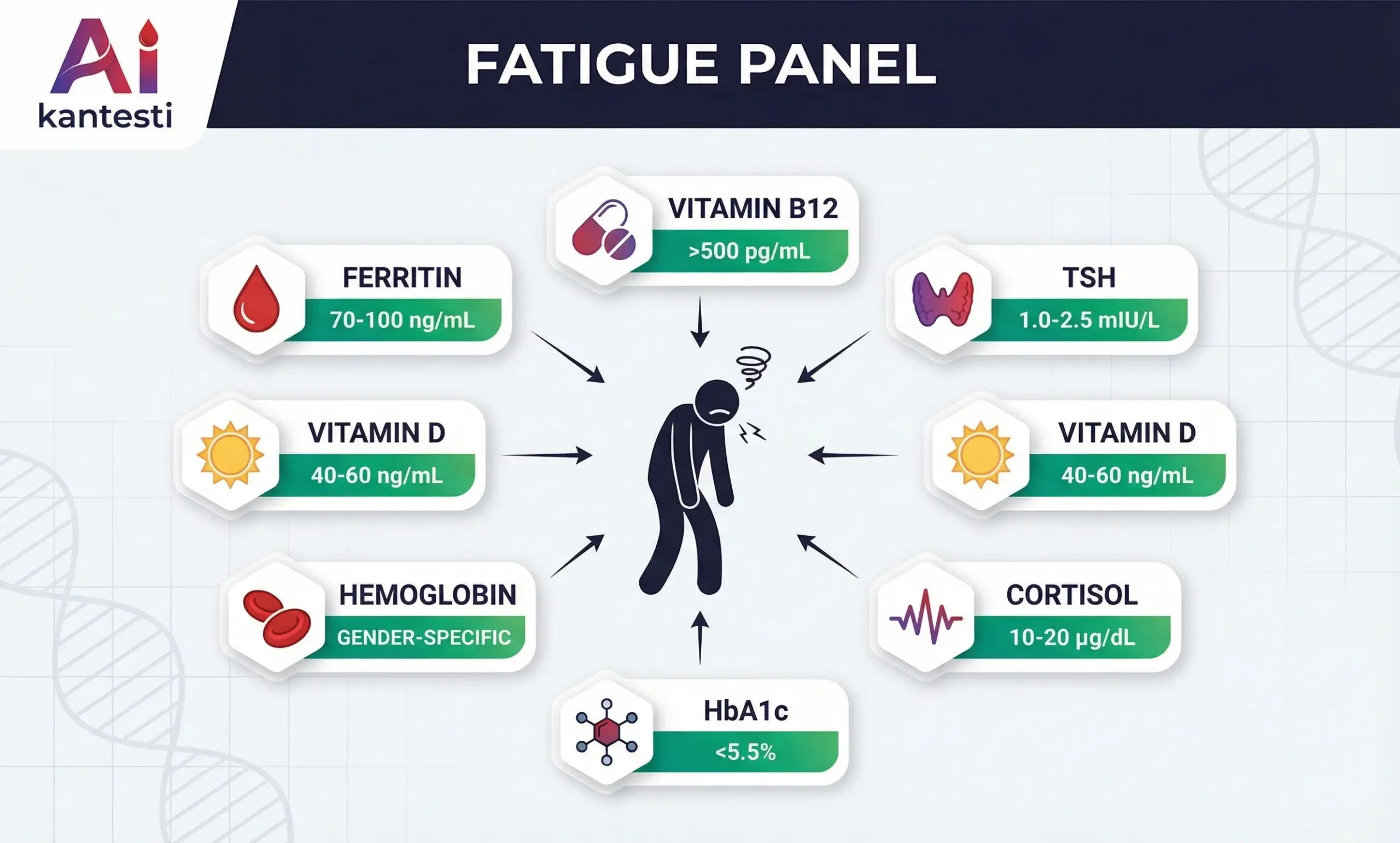 Painel completo de investigação da fadiga, mostrando 7 biomarcadores principais: Ferritina, Vitamina B12, TSH, Vitamina D, Hemoglobina, HbA1c e Cortisol com faixas ideais.