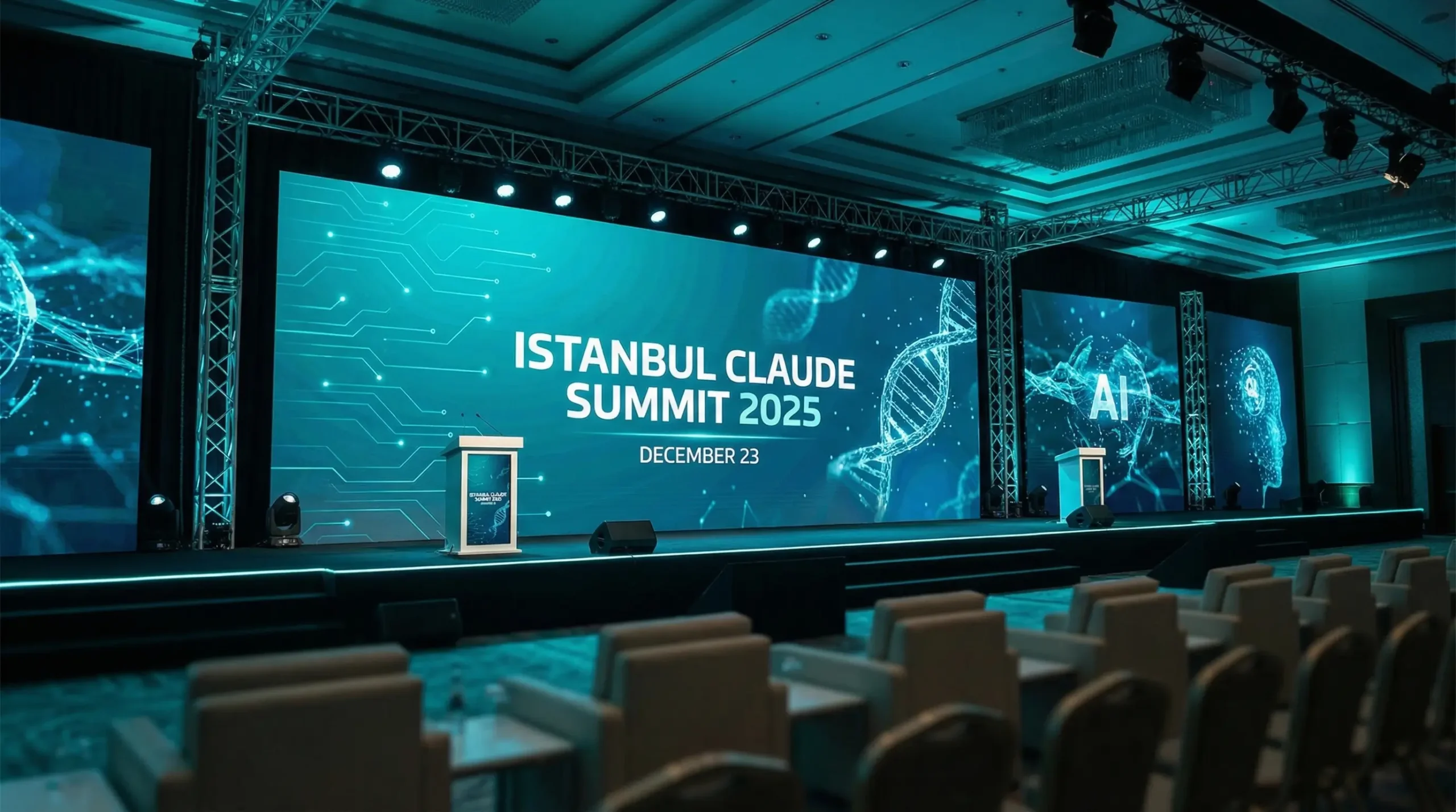 Grafică de anunț Kantesti pentru Summitul Claude de la Istanbul 2025, cu prezentarea designului medical bazat pe inteligență artificială susținută de CEO-ul Julian Emir pe 23 decembrie