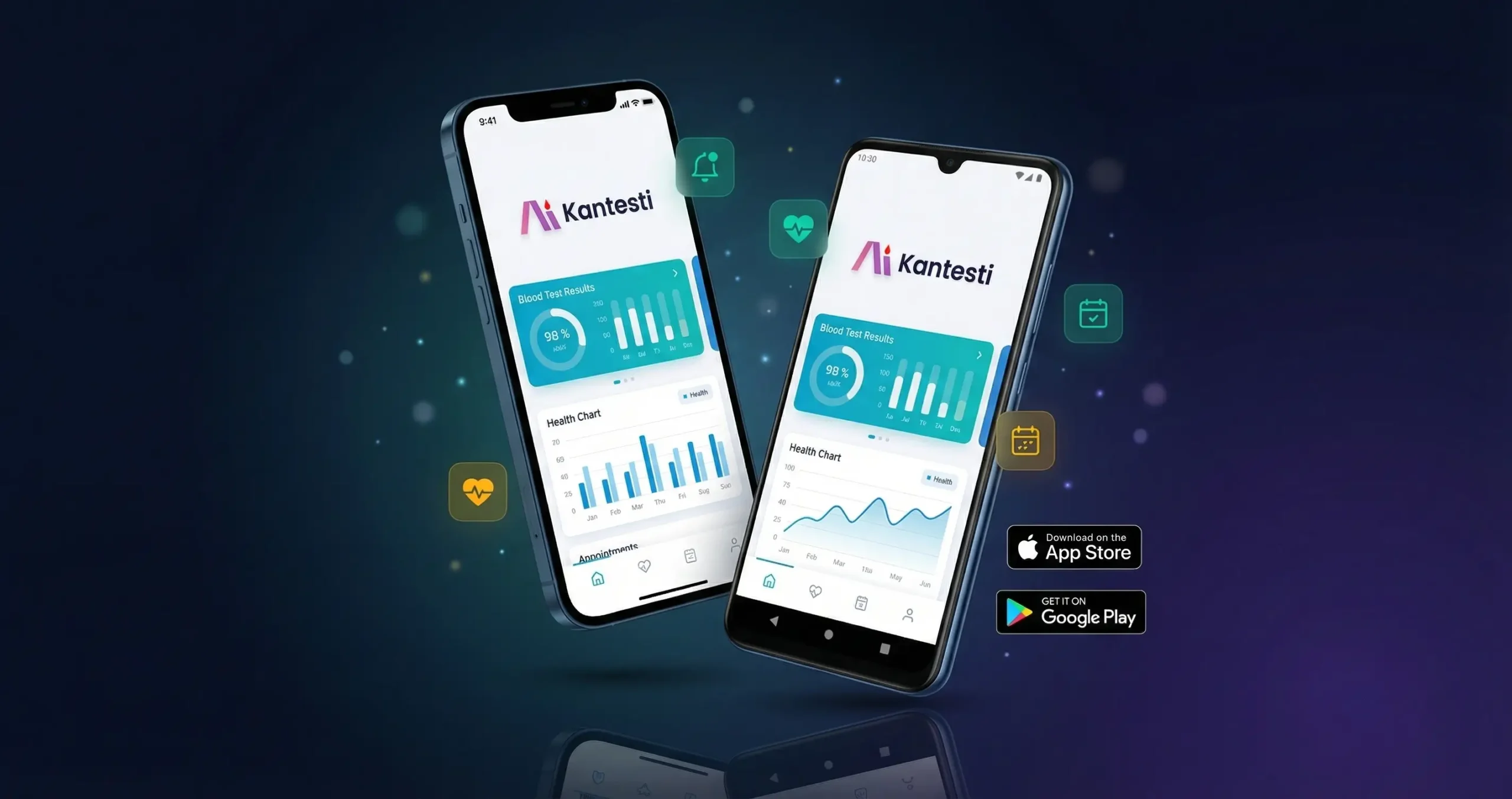 Kantesti AI 血液检测分析移动应用程序在 iPhone 和 Android 智能手机上的高级展示，提供 75 多种语言的即时健康洞察。