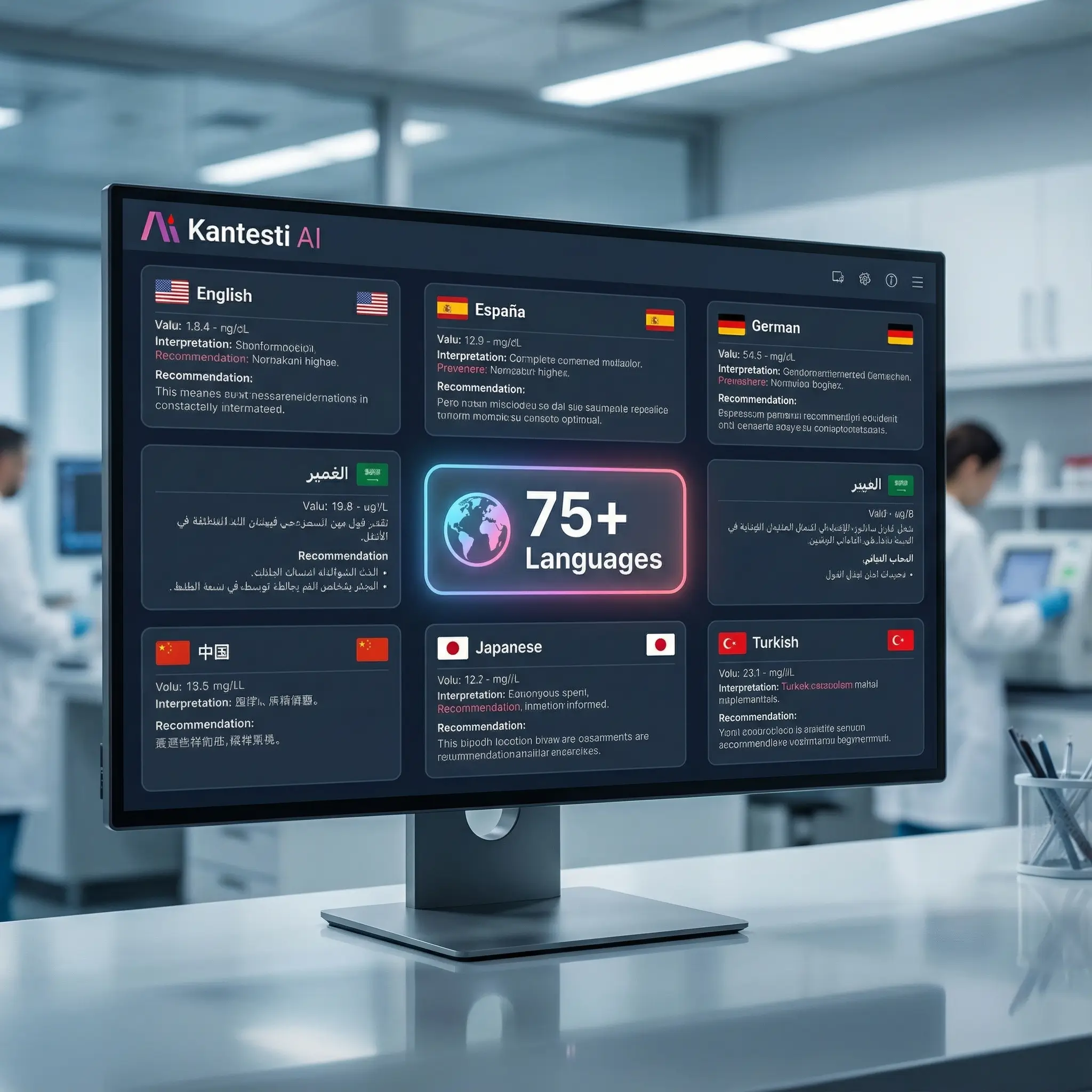 Kantesti koʻp tilli interfeysi ingliz, ispan, nemis, fransuz, xitoy va arab tillarida qon tahlilini til tanlash ochiladigan menyusi bilan namoyish etadi