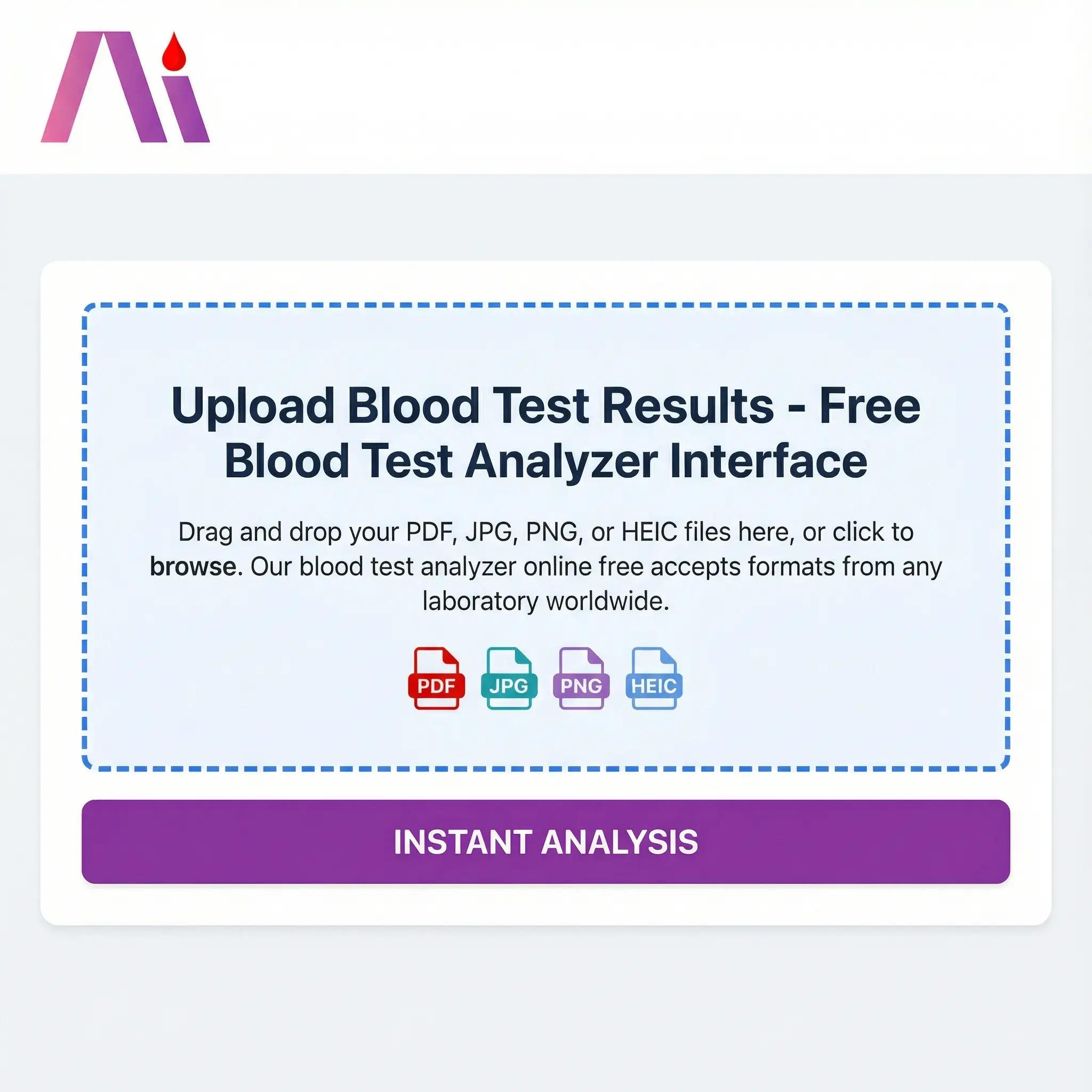 Interfață de încărcare gratuită pentru analizatorul de sânge care afișează zona drag-and-drop pentru fișiere PDF și imagine cu pictograme de formate acceptate și buton de analiză instantanee
