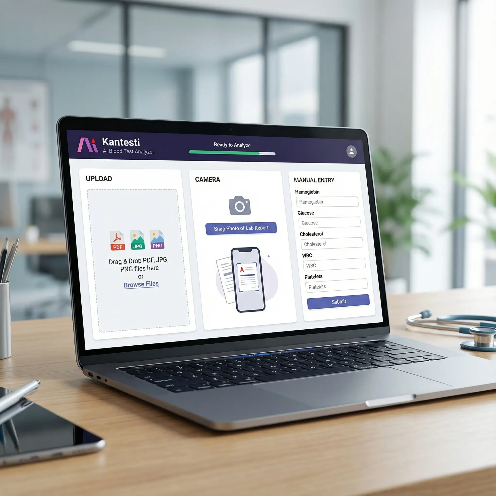 Viðmót fyrir upphleðslu blóðprufa til að þýða niðurstöður blóðprufunnar með drag-and-drop svæði fyrir PDF og myndskrár og hnappi fyrir tafarlausa greiningu.