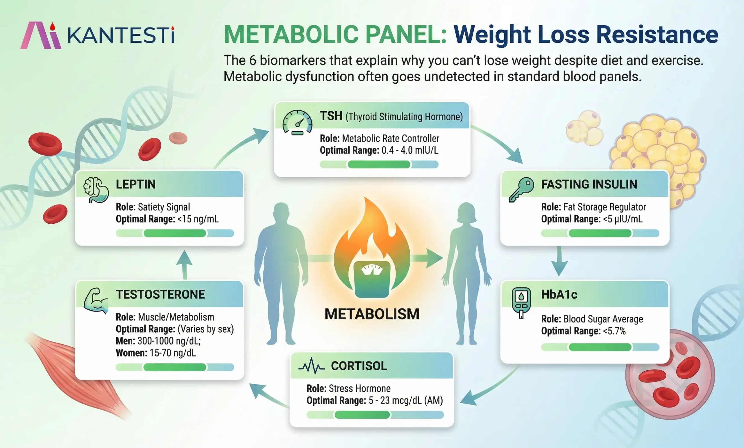 Painel metabólico para resistência à perda de peso mostrando os biomarcadores TSH, insulina em jejum, HbA1c, cortisol, testosterona e leptina, com seus respectivos papéis no metabolismo.