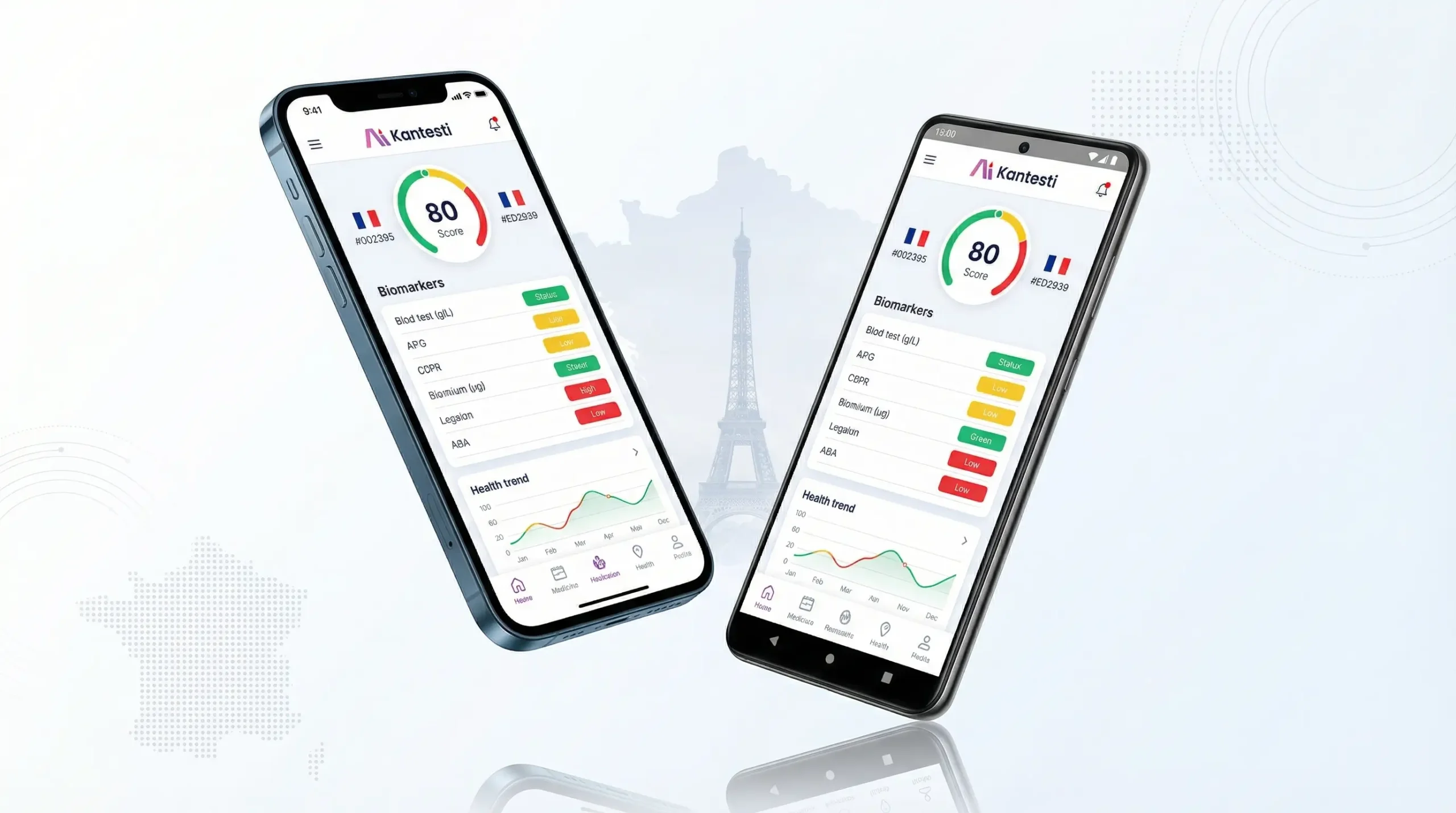 రక్త పరీక్షలను చదవడానికి అప్లికేషన్ - iOS మరియు Android లలో రక్త విశ్లేషణ ఇంటర్‌ఫేస్‌ను చూపించే కాంటెస్టి మొబైల్ యాప్.