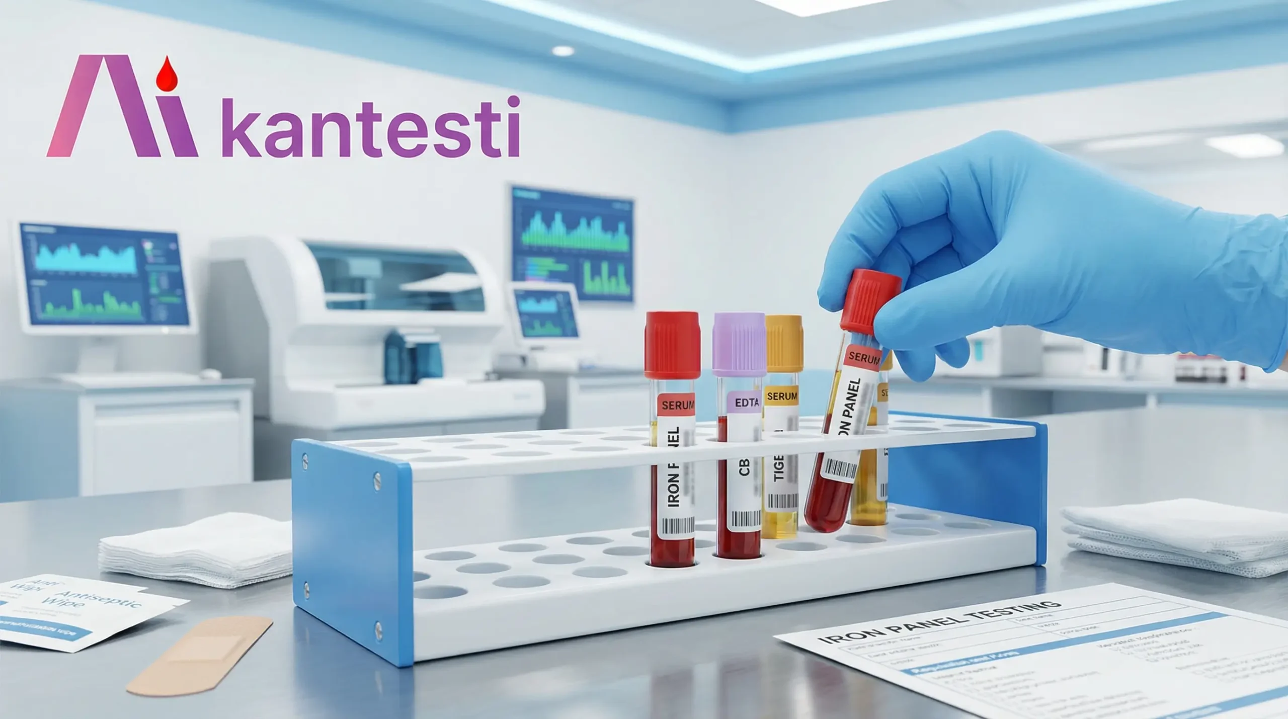 Blood vial sample collection for iron panel laboratory testing showing proper technique for serum iron, TIBC, ferritin, and iron saturation analysis