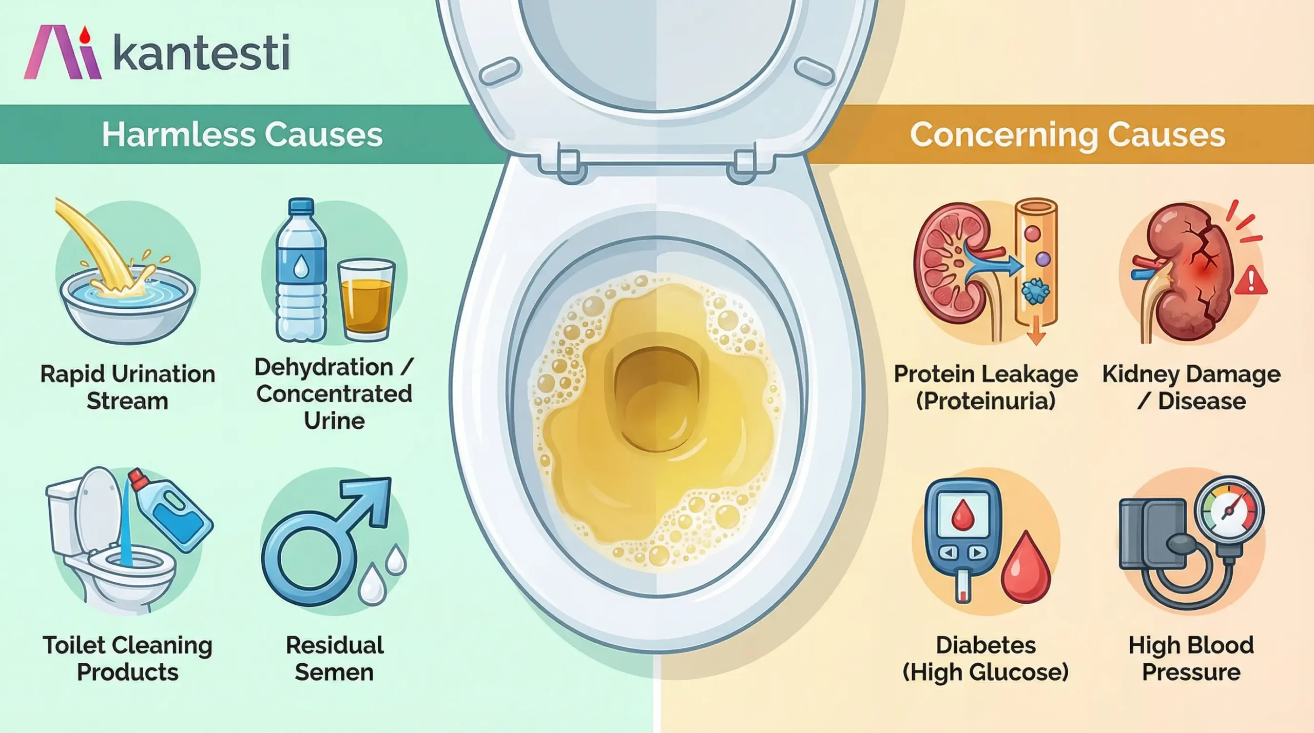 Αφρώδη ούρα προκαλούν infographic που συγκρίνει ακίνδυνους παράγοντες όπως η αφυδάτωση και η έντονη ούρηση με ανησυχητικά σημάδια όπως η πρωτεϊνουρία και η νεφρική νόσο