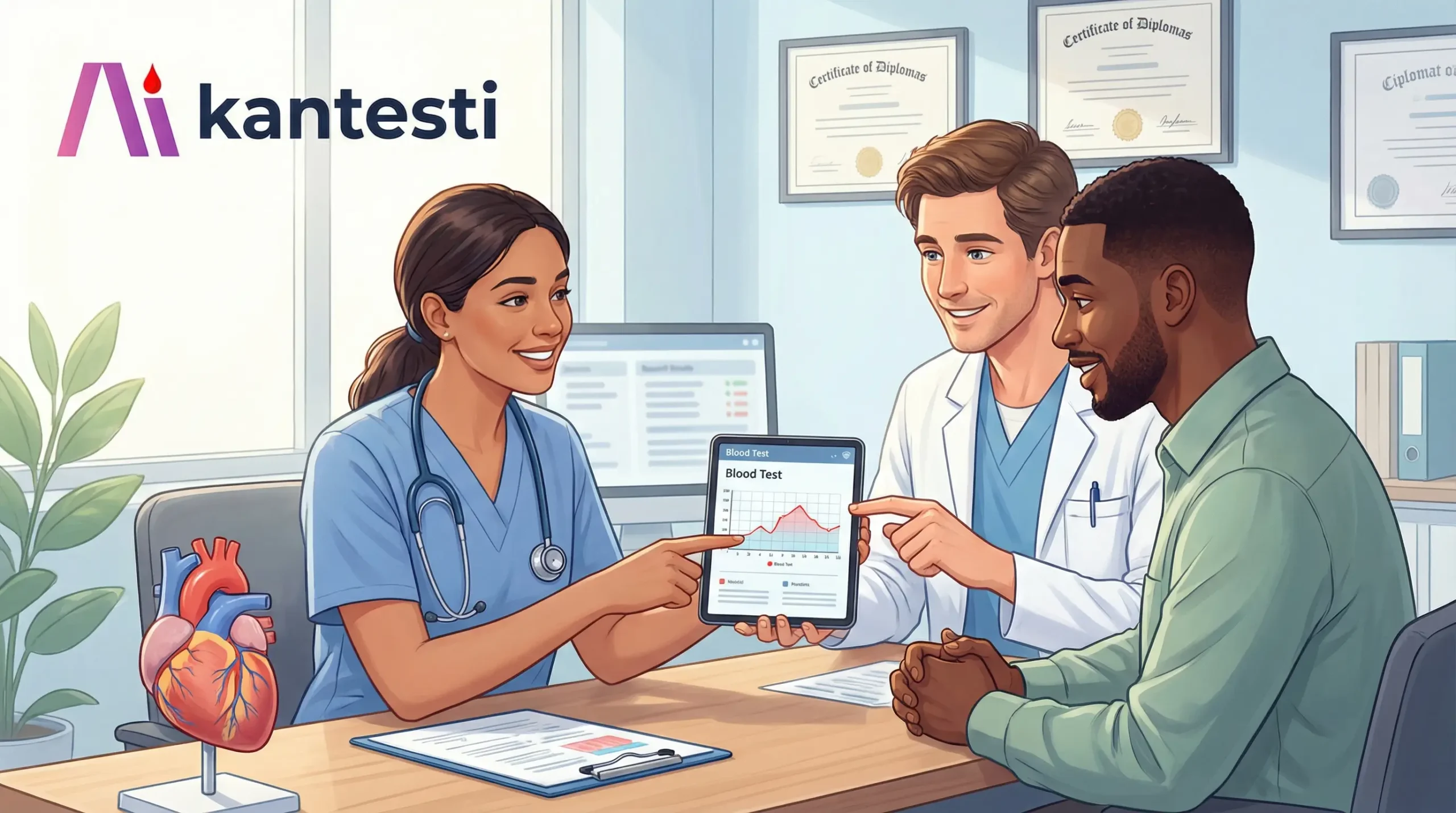 Healthcare provider consulting with patient about iron panel blood test results, discussing TIBC, iron saturation, and treatment options