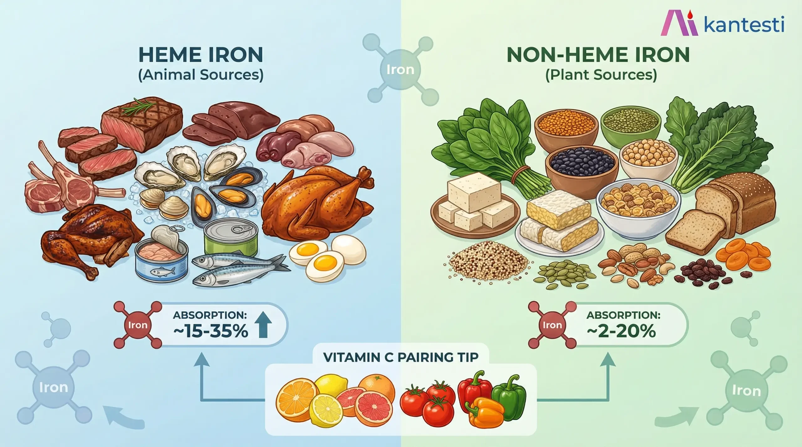 Iron-rich foods visual showing heme iron sources like red meat, poultry, fish and non-heme iron sources like spinach, lentils, and fortified cereals