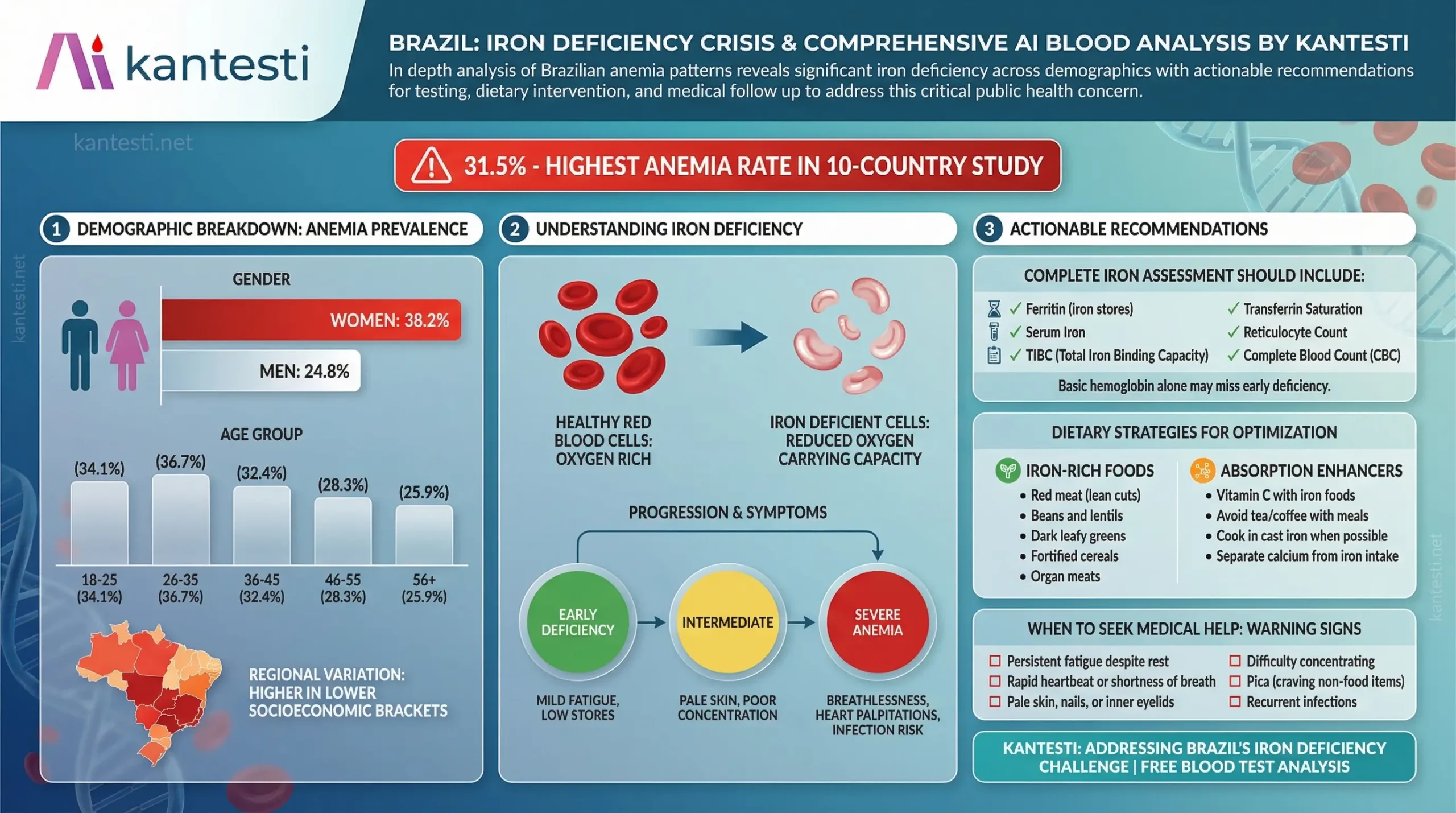 Kantesti AI Brazil specialized analysis of iron deficiency anemia showing 31.5 percent prevalence with demographic breakdown by region gender and age plus comprehensive recommendations for iron status assessment including ferritin TIBC and reticulocyte testing alongside dietary strategies for Brazilian populations from December 2025 data