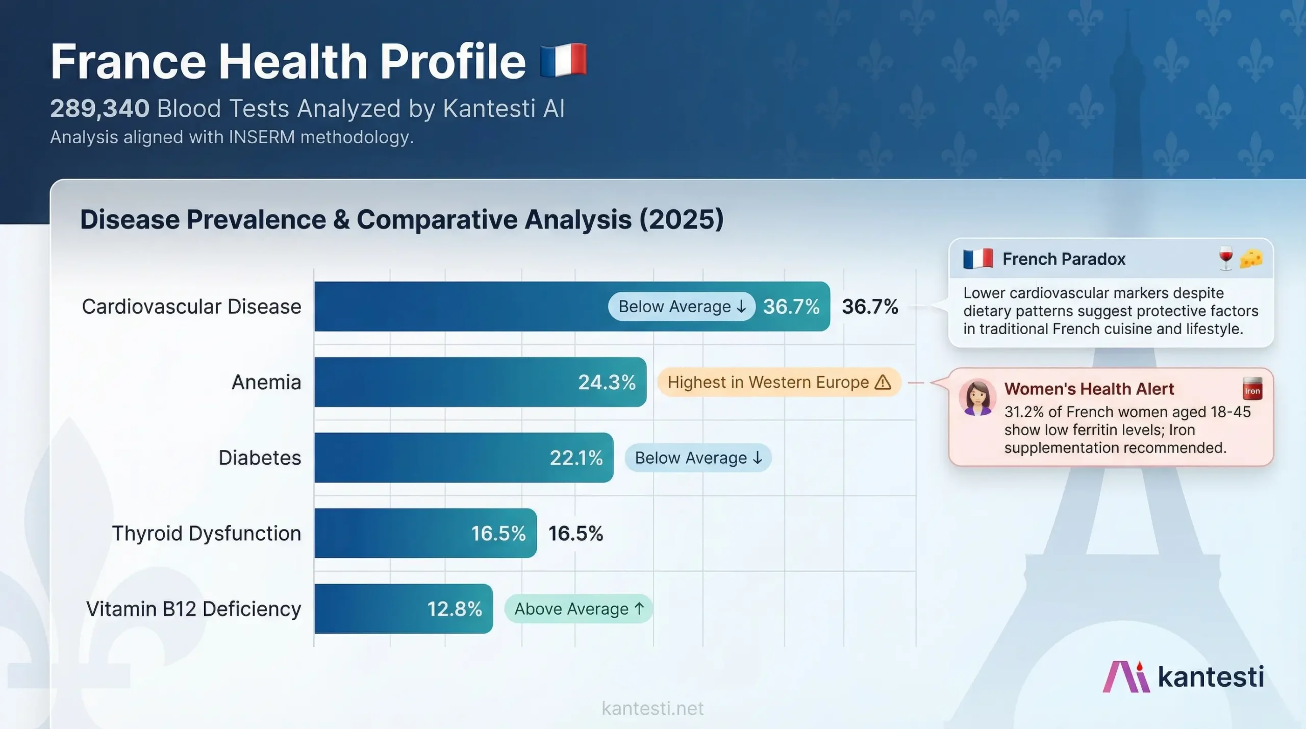 Kantesti AI France blood test analysis showing disease prevalence rates demonstrating the French Paradox with cardiovascular disease at only 36.7 percent alongside anemia at 24.3 percent the highest in Western Europe diabetes at 22.1 percent thyroid dysfunction at 16.5 percent and vitamin B12 deficiency at 12.8 percent based on 289340 analyzed samples from December 2025 data