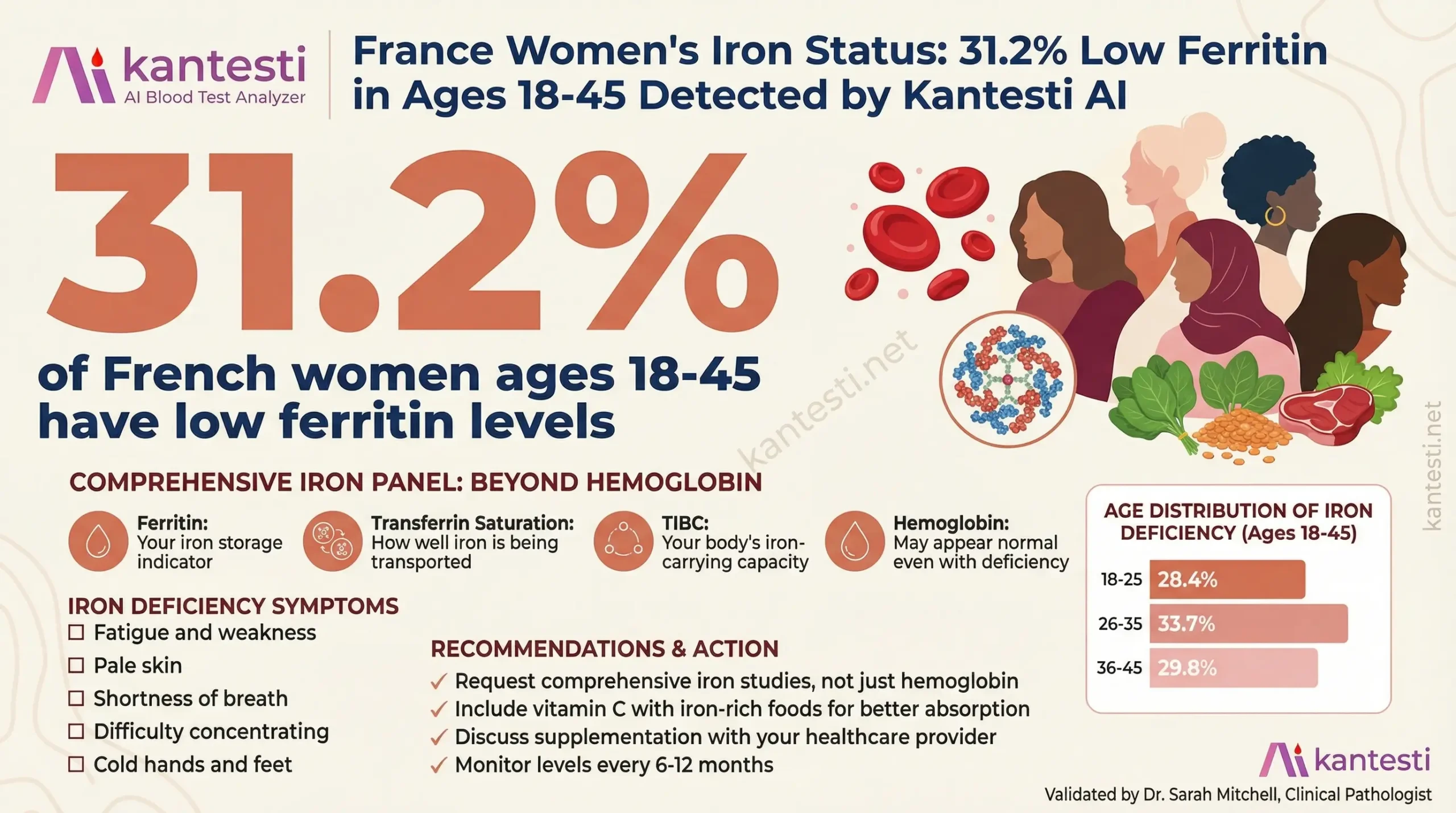 Kantesti AI France specialized analysis of iron deficiency in women showing 31.2 percent of French women aged 18 to 45 with low ferritin levels and comprehensive iron panel recommendations including ferritin transferrin saturation and TIBC testing for optimal health monitoring