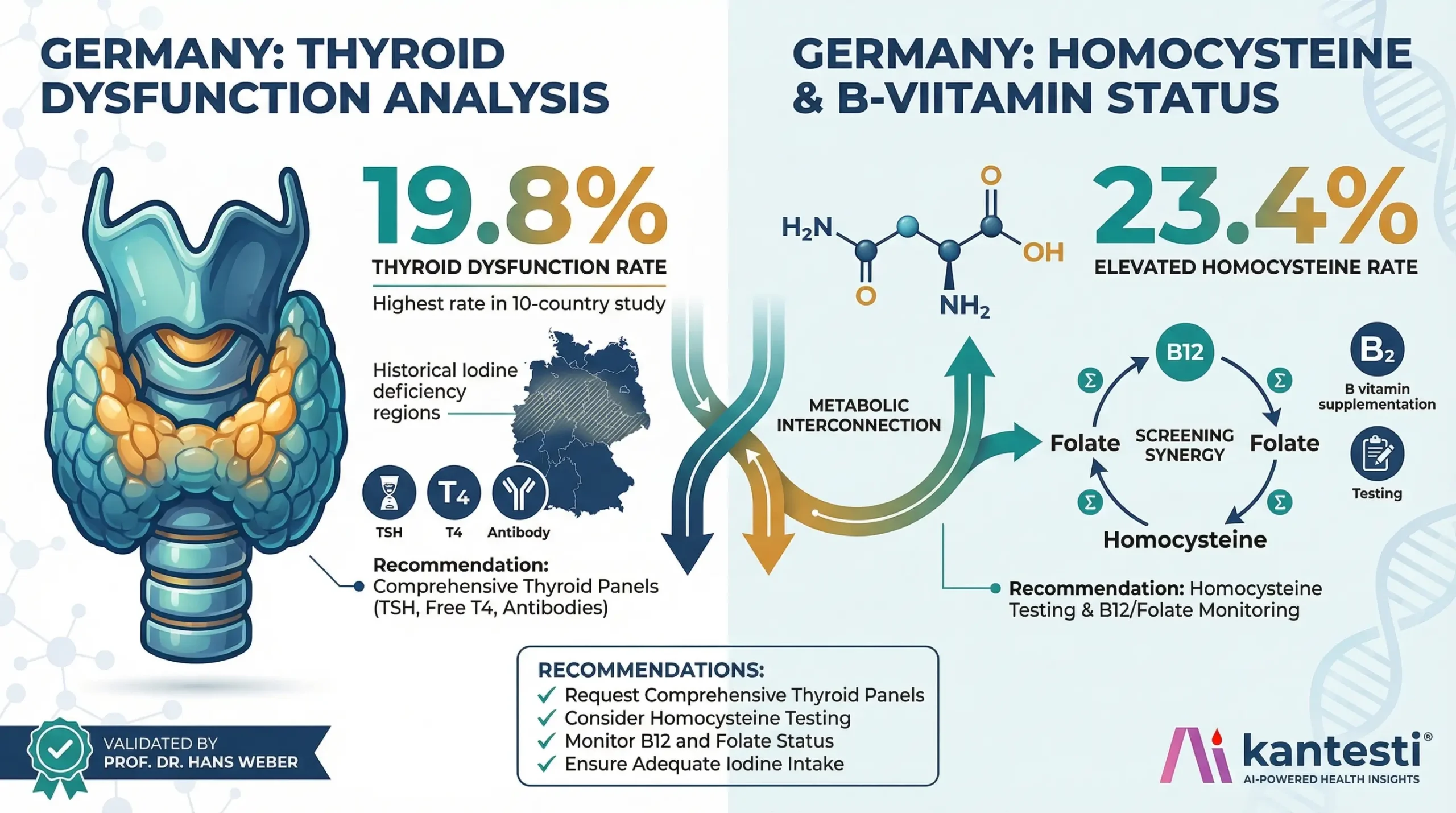 Kantesti AI Germany specialized analysis focusing on elevated thyroid dysfunction at 19.8 percent and elevated homocysteine levels at 23.4 percent with B vitamin metabolism patterns and recommendations for comprehensive thyroid panels and B12 folate monitoring among German blood test users
