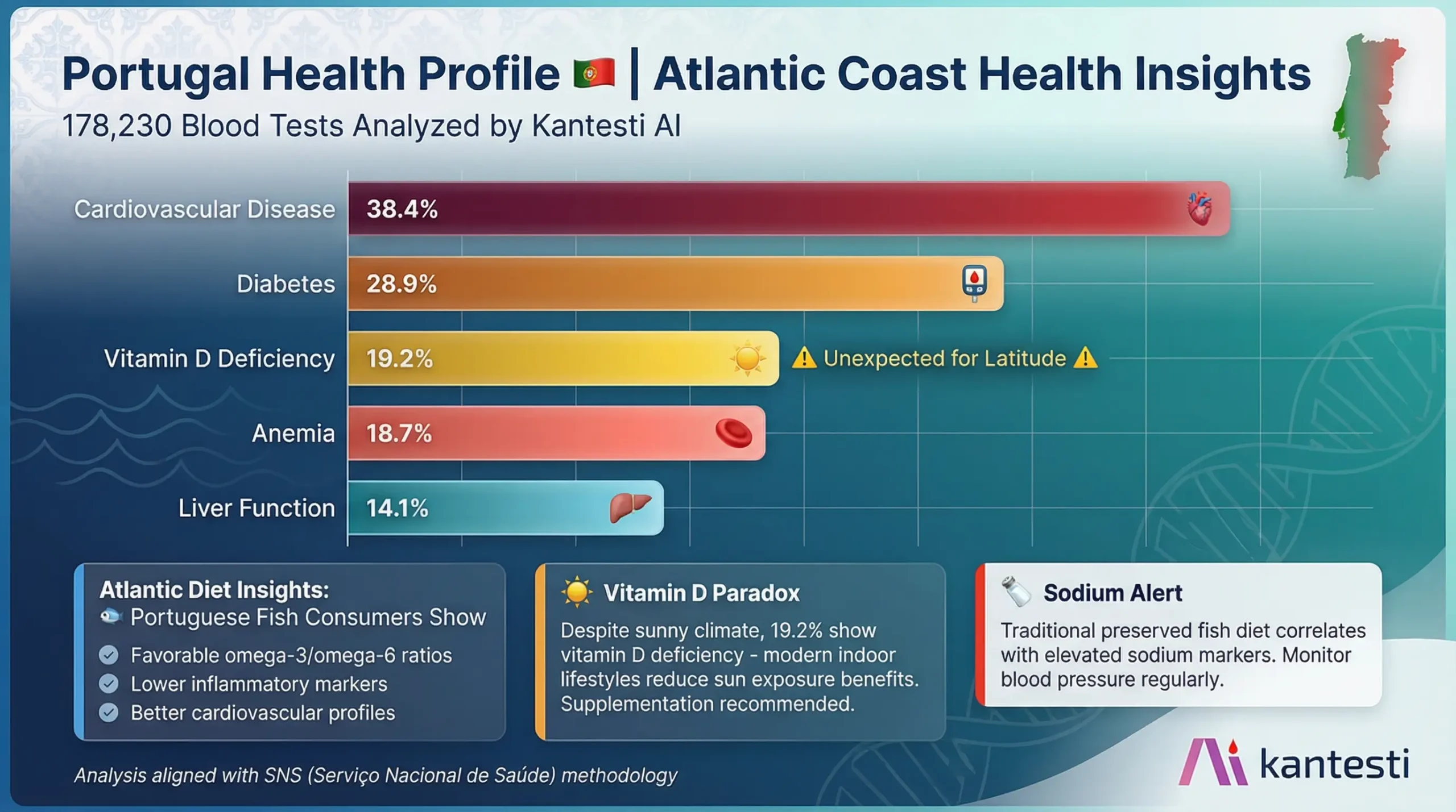 Kantesti AI Portugal blood test analysis showing disease prevalence rates with cardiovascular disease at 38.4 percent diabetes at 28.9 percent vitamin D deficiency at 19.2 percent higher than expected for southern latitude anemia at 18.7 percent and liver function abnormalities at 14.1 percent based on 178230 analyzed samples from December 2025 data