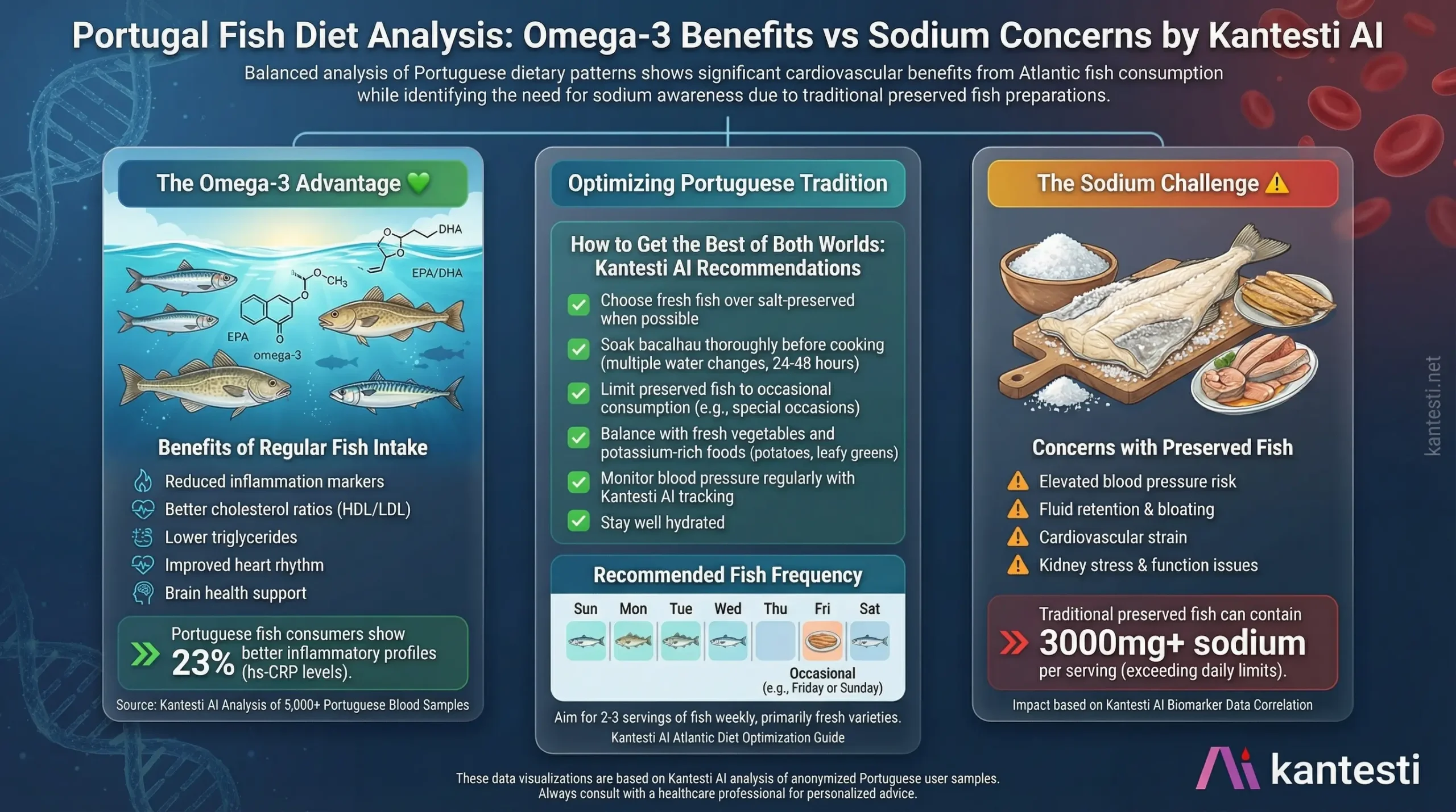 Kantesti AI Portugal specialized analysis of omega-3 fatty acid benefits from traditional fish consumption showing improved cardiovascular markers alongside sodium concerns from preserved cod bacalhau diet with recommendations for maintaining fish intake while reducing salt