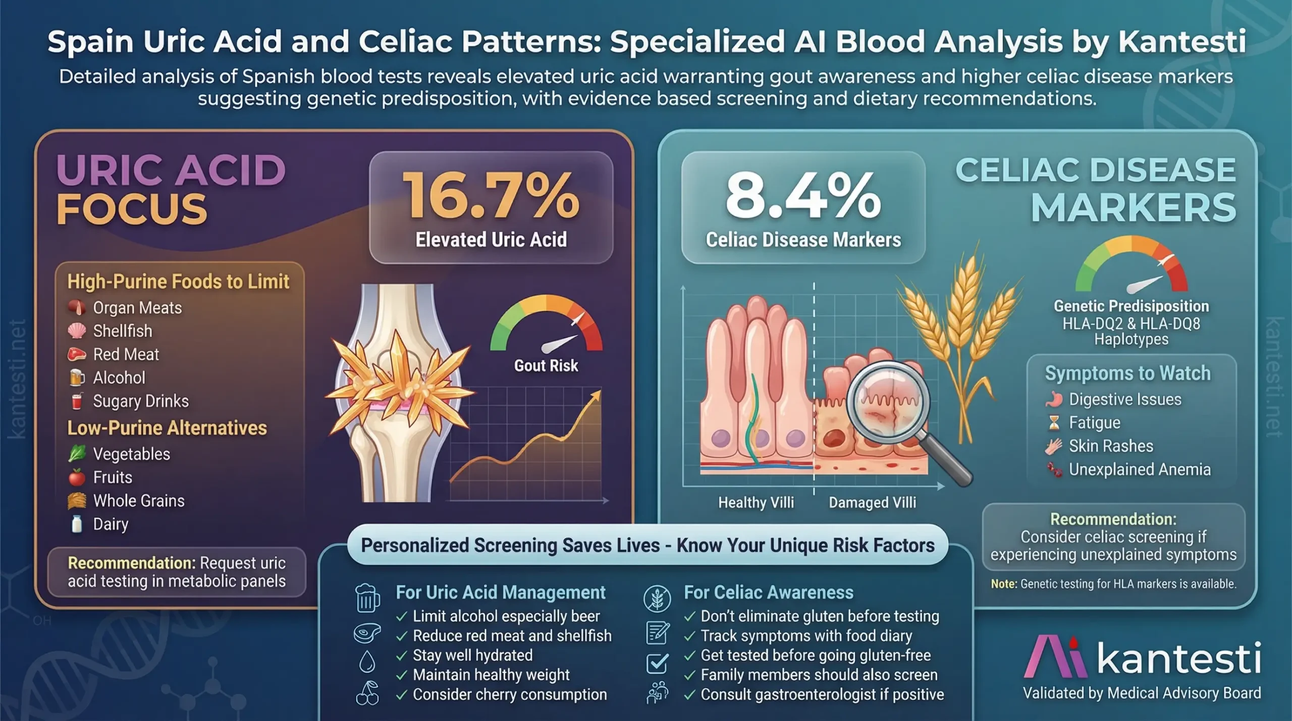 Kantesti AI Spain specialized analysis of elevated uric acid levels at 16.7 percent with gout risk factors and celiac disease markers at 8.4 percent including dietary recommendations for purine reduction and celiac screening guidance for Spanish populations