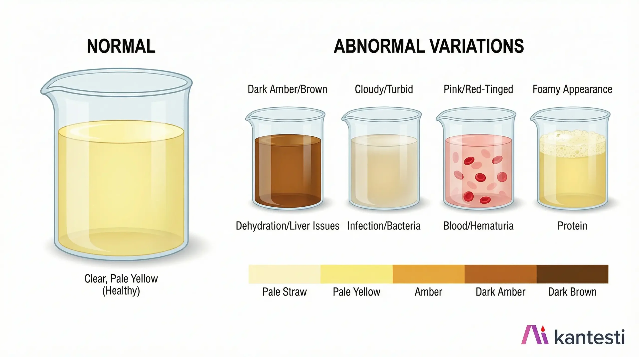 Σύγκριση φυσιολογικών έναντι μη φυσιολογικών ούρων που δείχνει υγιή, ωχροκίτρινα, διαυγή ούρα έναντι σκούρων, θολωμένων, αιματηρών και αφρωδών μη φυσιολογικών διακυμάνσεων