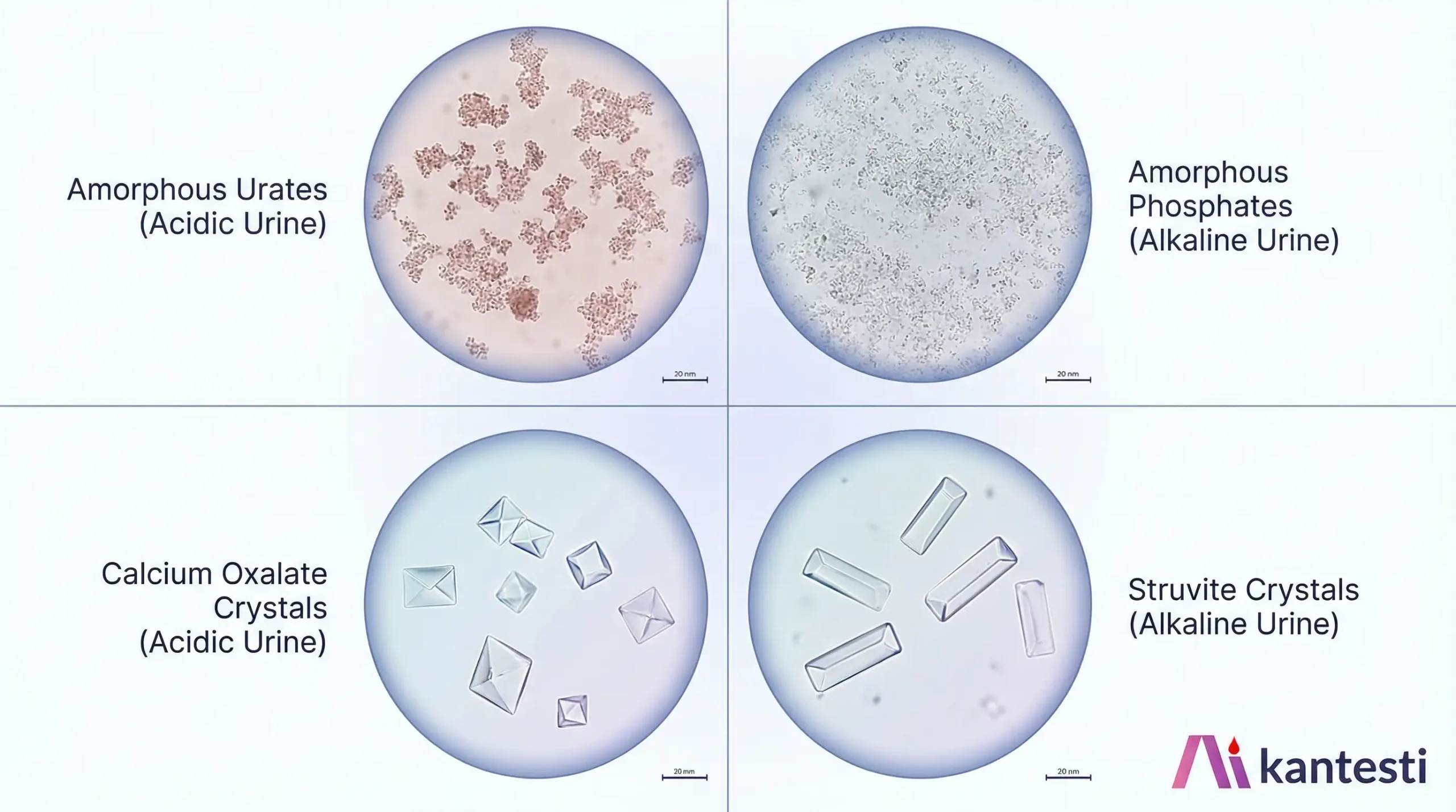 Μικροσκοπική σύγκριση τύπων κρυστάλλων ούρων, συμπεριλαμβανομένων άμορφων ουρικών αλάτων, άμορφων φωσφορικών αλάτων, κρυστάλλων περιβλήματος οξαλικού ασβεστίου και κρυστάλλων στρουβίτη με καπάκι φέρετρου