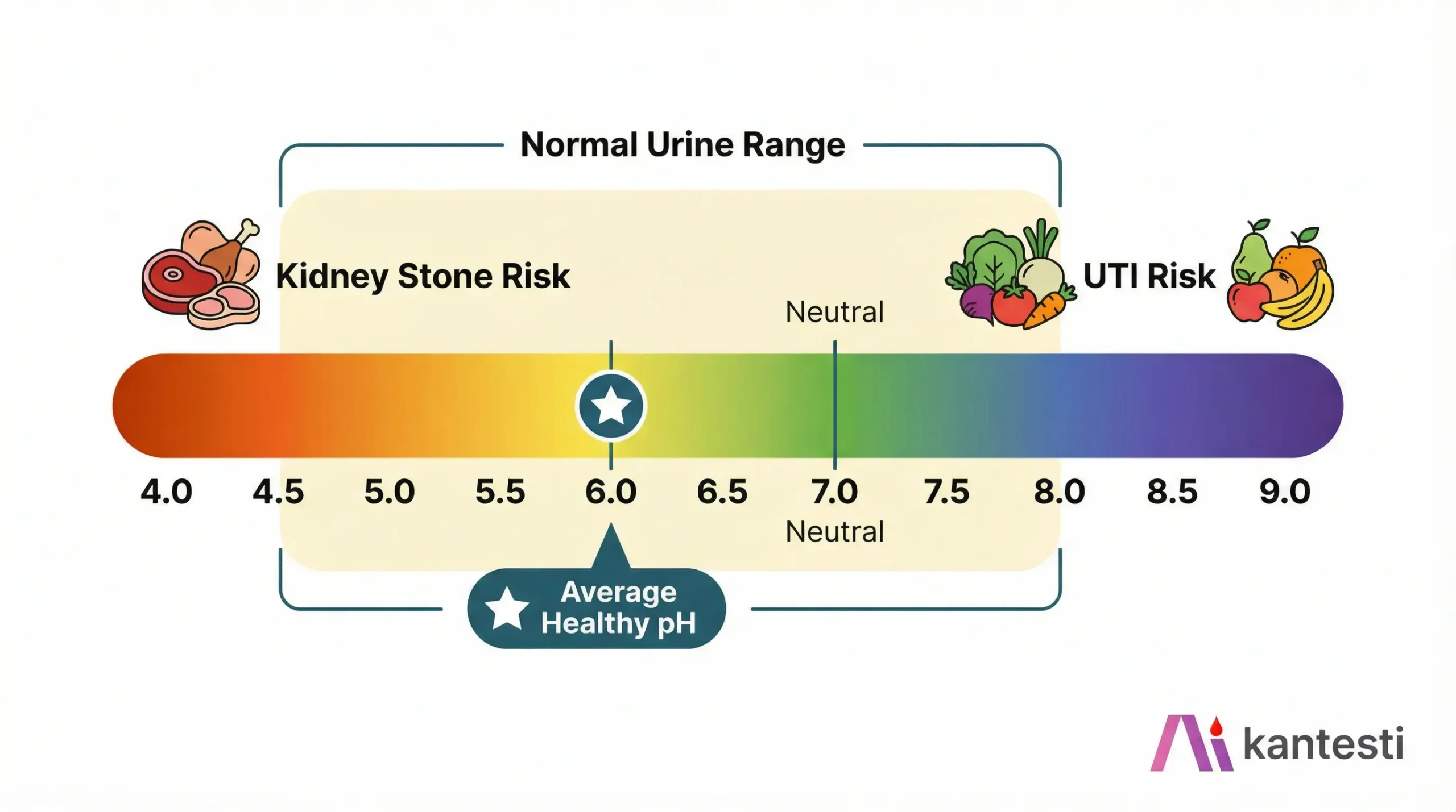 Διάγραμμα κλίμακας pH ούρων που δείχνει το φυσιολογικό εύρος 4,5 έως 8,0 με χρωματική διαβάθμιση από όξινο πορτοκαλί έως αλκαλικό μπλε και διατροφικές επιρροές