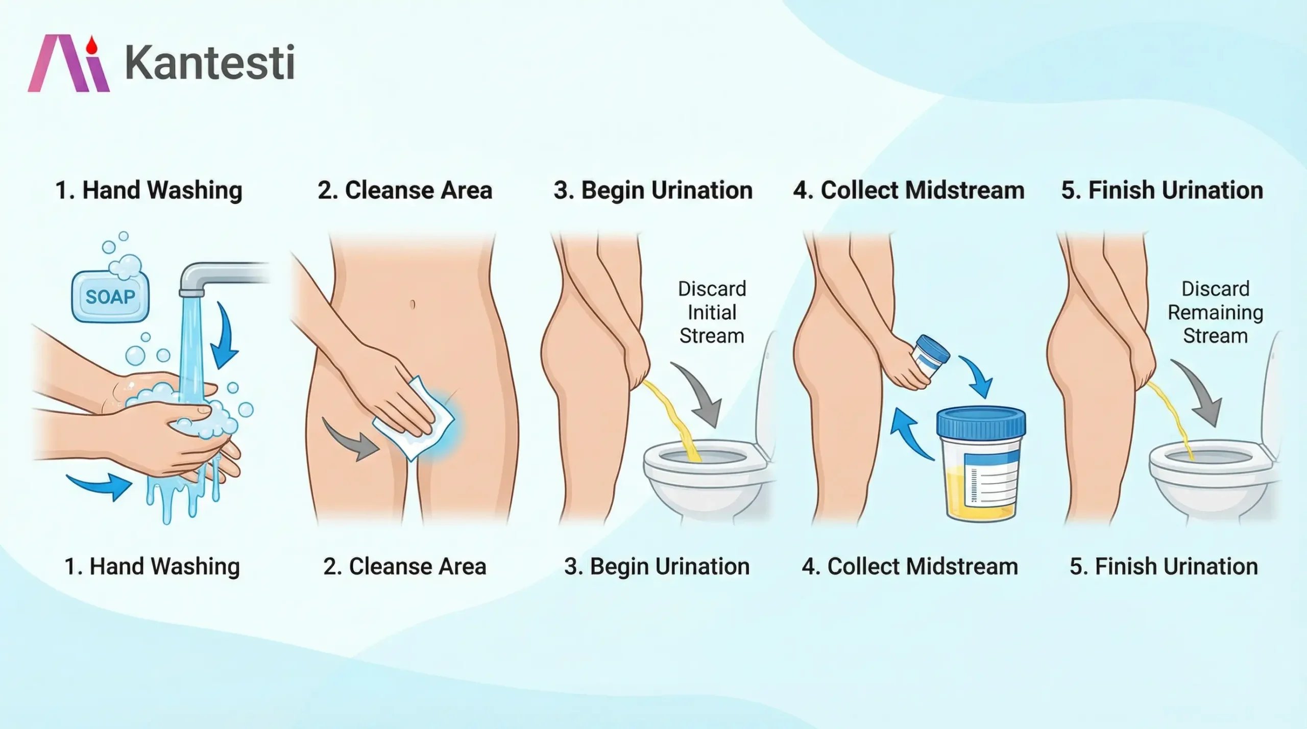 Οδηγός βήμα προς βήμα για τη συλλογή δειγμάτων ούρων που δείχνει την κατάλληλη τεχνική καθαρής συλλογής στο μέσο της ροής για ακριβή αποτελέσματα ανάλυσης ούρων
