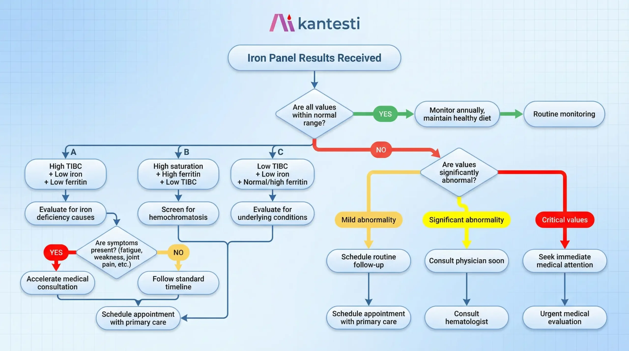 Medical decision flowchart showing when to seek doctor consultation based on iron panel results including high TIBC, low iron saturation, abnormal ferritin levels