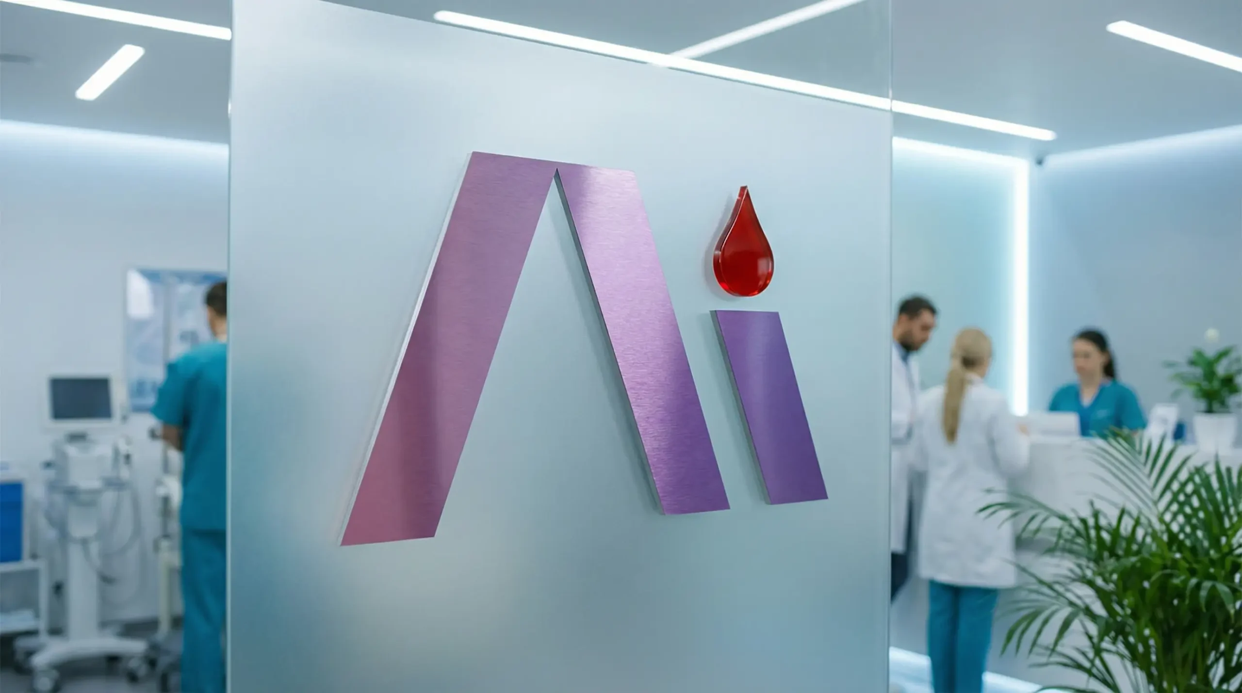 โลโก้เครื่องวิเคราะห์เลือด Kantesti AI แสดงอยู่บนผนังกระจกในคลินิกทางการแพทย์ที่ทันสมัย โดยมีบุคลากรทางการแพทย์อยู่ด้านหลัง