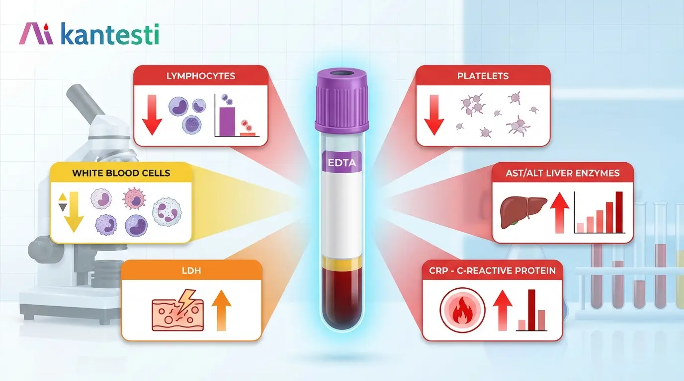 Infografik med avvikelser i blodprov för Nipah-virus som visar CBC-fynd med lymfopeni och trombocytopeni, förhöjda leverenzymer ASAT ALT, inflammatoriska markörer CRP och LDH samt koagulationsförändringar.