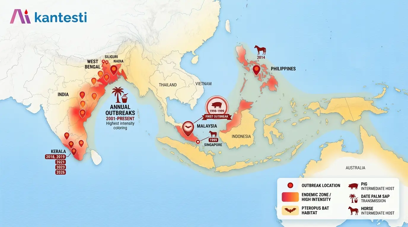 Karta över globalt utbrott av Nipah-virus som visar endemiska regioner i Asien inklusive Malaysia 1998-1999, årliga utbrott från Bangladesh 2001-nutid, Indien, Kerala och Västbengalen, Singapore och Filippinerna med fallantal och dödlighet.