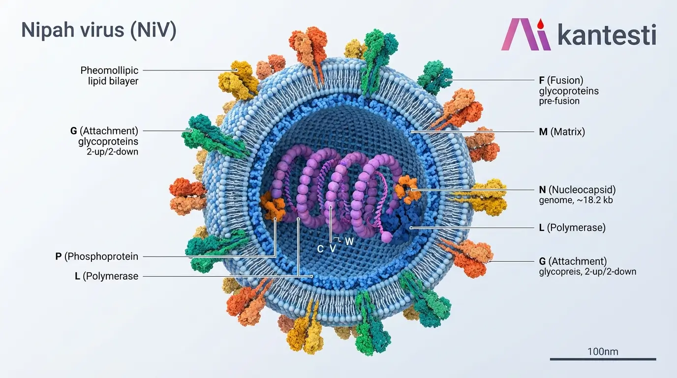 Vetenskaplig illustration av Nipah-virusets molekylstruktur som visar Henipavirus paramyxovirus glykoproteinhölje, nukleokapsid och RNA-genomkomponenter för virologisk utbildning