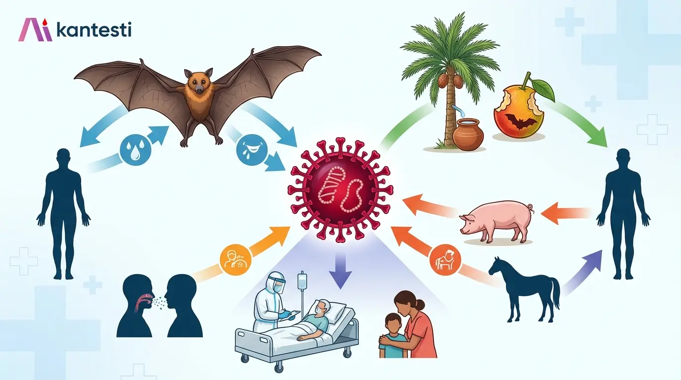 Diagram över Nipah-virusets överföringsvägar som visar direktkontakt mellan fladdermöss och människor, livsmedelskontaminering genom dadelpalmsav, mellanvärddjur inklusive grisar och spridningsvägar från person till person