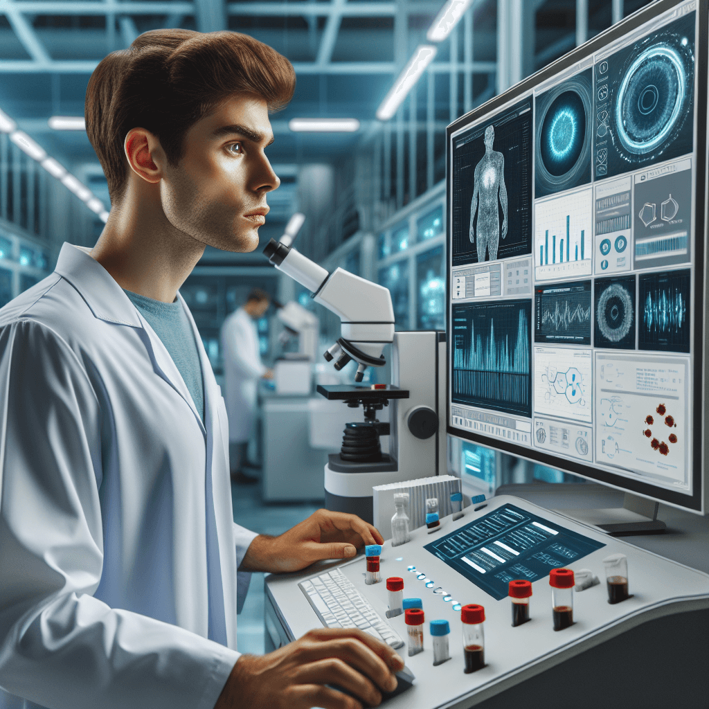 PIYA AI യുടെ അഡ്വാൻസ്ഡ് AI ബ്ലഡ് ടെസ്റ്റ് അനലൈസർ ഉപയോഗിക്കുന്ന ലബോറട്ടറി ടെക്നീഷ്യൻ.