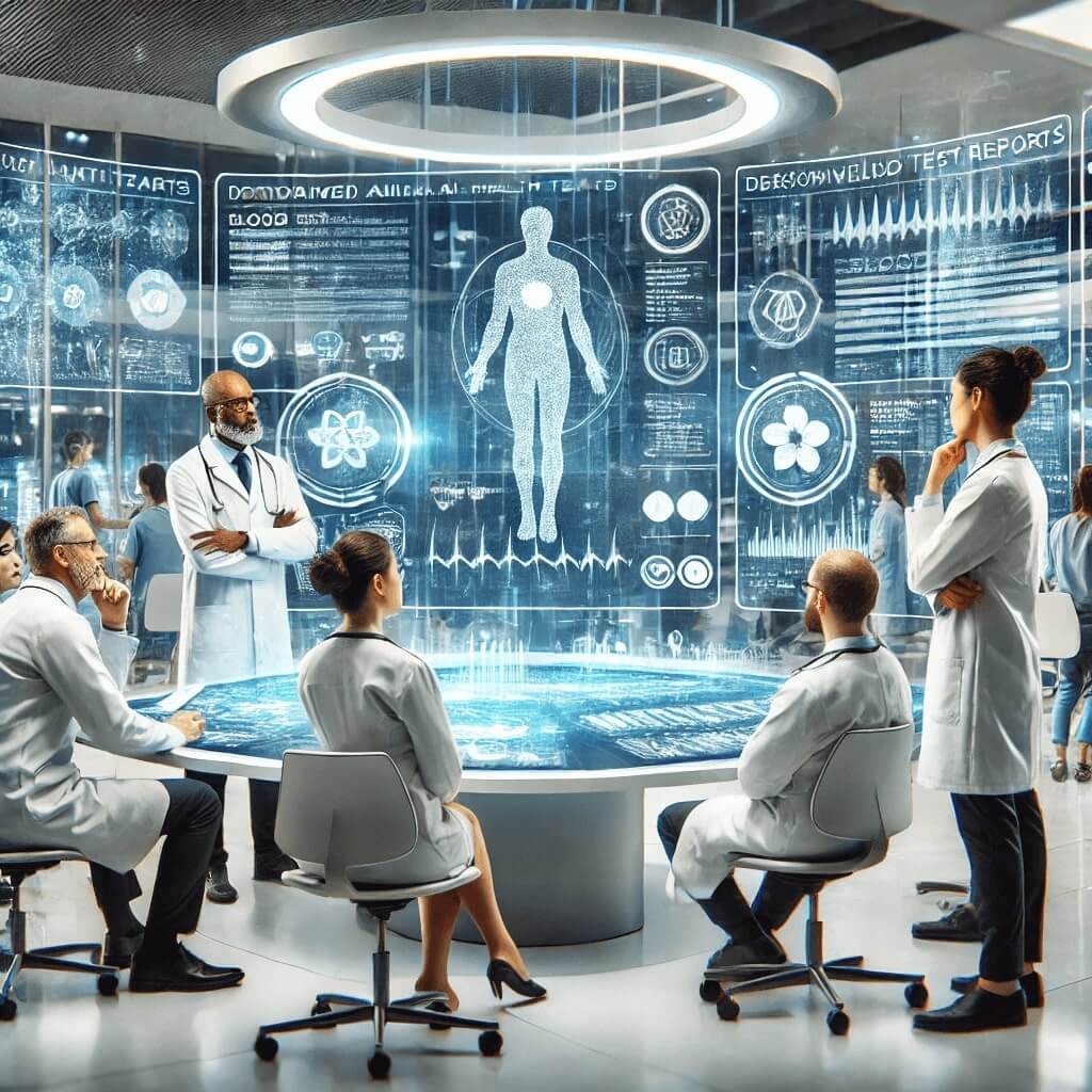 Un team medico discute i referti delle analisi del sangue basati sull'intelligenza artificiale in un ambiente moderno